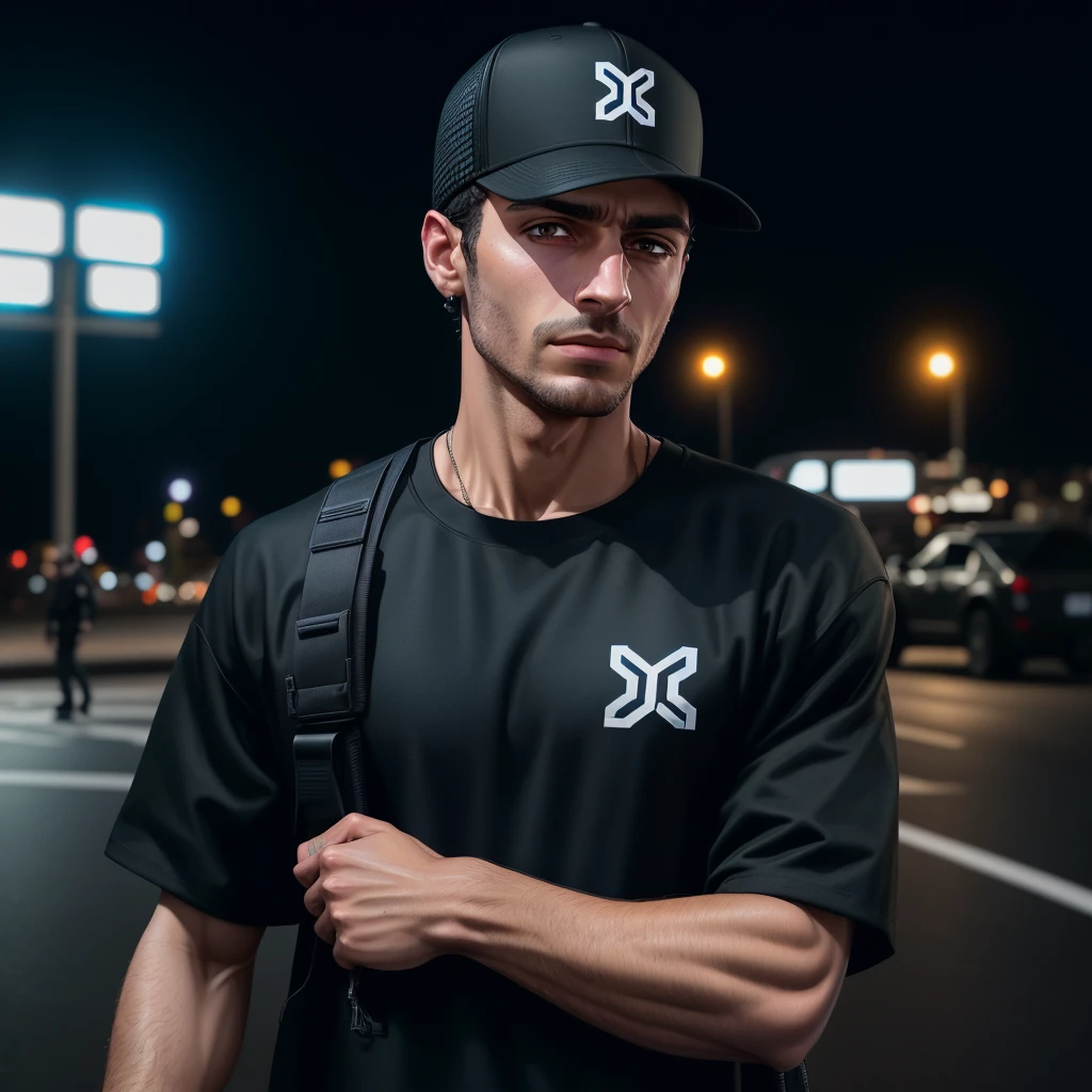 arafed man in black shirt and black hat standing on a cybertruck, official product photo, black clothing, outlive streetwear collection, daniel dociu, baggy clothing and hat, techwear clothes, techwear fashion, wearing a backwards baseball cap, techwear look and clothes, detailed clothing, casual black clothing, official product image, techwear