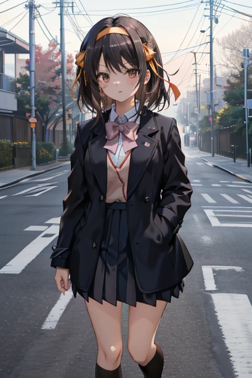 (masutepiece),(Best Quality), Suzumiya Haruhi,  shairband, Hair Ribbon, Official Alternative Hair Lengths, Koyoen school uniform, Koyoen black skirt, knee high, Bow,  Sad face, Head down, Uphill street, pavement, on sidewalk, Walking,  Fog, cloud,Black coat，pink muffler，It's snowing