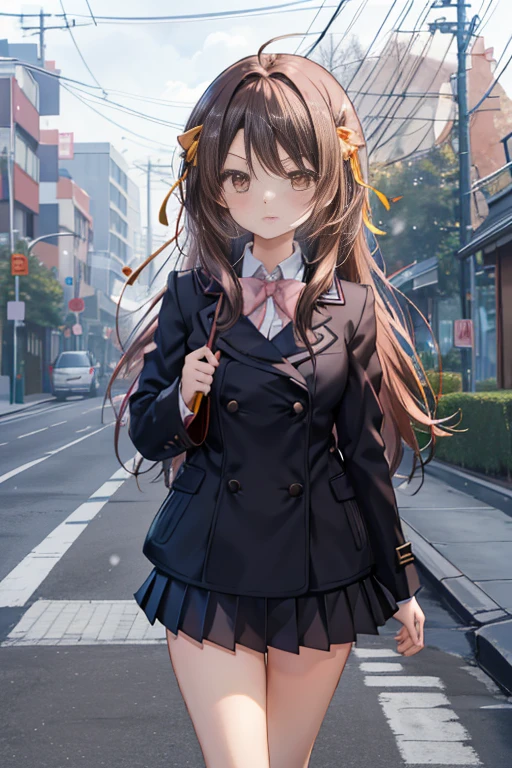 (masutepiece),(Best Quality), Suzumiya Haruhi, shairband, Hair Ribbon, Official Alternative Hair Lengths, Koyoen school uniform, Koyoen black skirt, knee high, Bow, Sad face, Head down, Uphill street, pavement, on sidewalk, Walking, Fog, cloud,Black coat,pink muffler,It's snowing