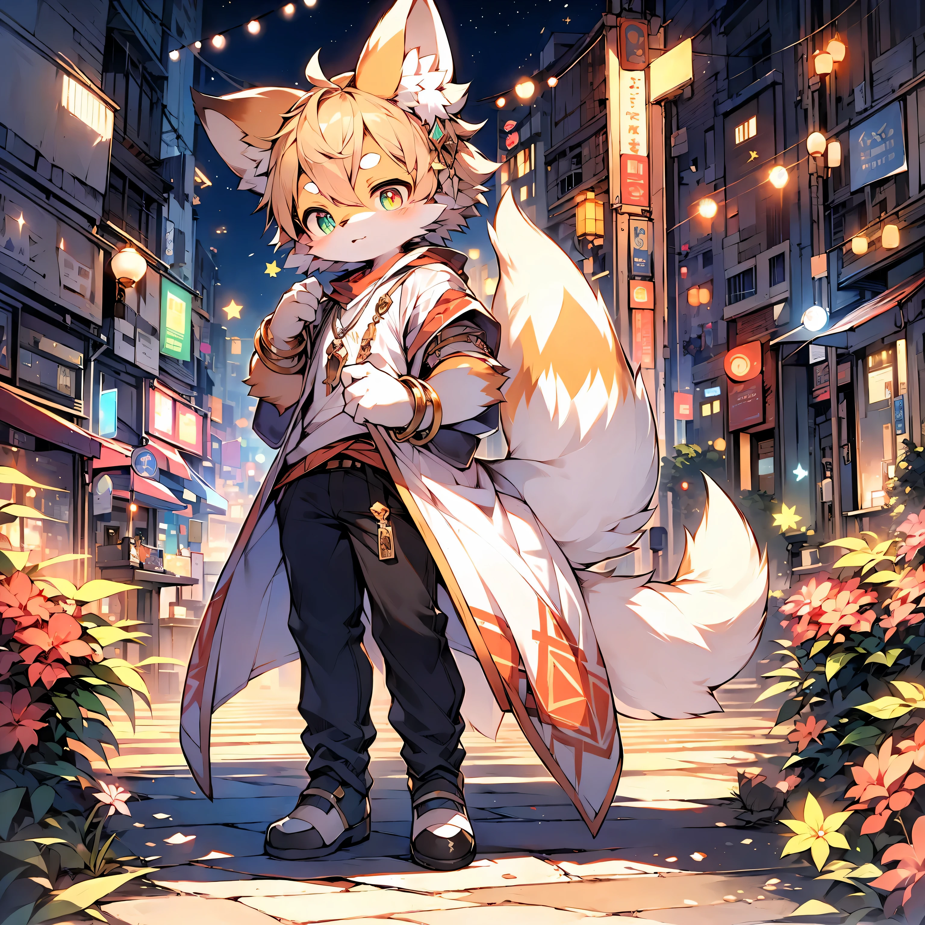 Best quality, Highest definition, tmasterpiece, 12k, soft line, pastelcolor, Complicated details, Shota the Fox, human - shaped, Orange and white shades, Heterochromatic pupil, Vertical pupil, Eyes are bright, Hand, greet, Full Body Furry, Fur pattern, 围巾, bangle, Trinkets, As estrelas, shorter pants, 城市, the street, natta