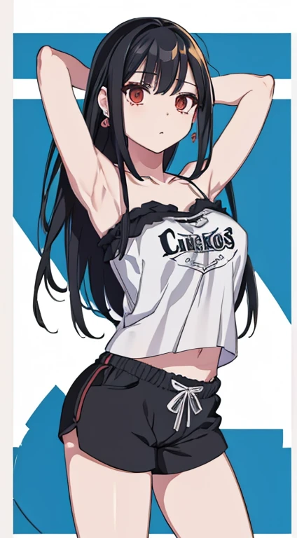 (extremely detailed CG unity 8k wallpaper), (masterpiece), (best quality), (ultra-detailed), (best illustration), (best shadow), (absurdres), 1girl, solo, Chihara, 1girl, solo, black hair, shorts, long hair, looking at viewer, black shorts, arms behind head, contrapposto, spread armpit, camisole, red eyes, breasts, earrings, short shorts, cowboy shot