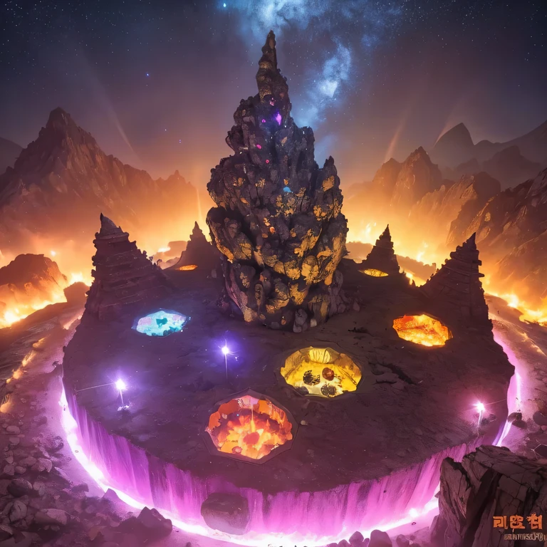 Alien Hexagonal Base (very detailed nipples) In a hexagonal mountain oasis,There are several hexagonal exhaust fans and chimneys, some neon lights projecting from the base,Light up the dark night), There are some clouds in the night sky, Some surrounding planets provide air to unknown planets,The most remote giant hexagonal volcano erupts,the rainforest