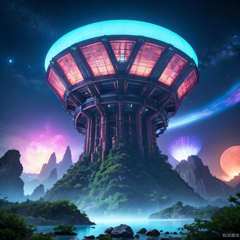 Alien Hexagonal Base (very detailed nipples) In a hexagonal mountain oasis，There are several hexagonal exhaust fans and chimneys, some neon lights projecting from the base，Light up the dark night), There are some clouds in the night sky, Some surrounding planets provide air to unknown planets，The most remote giant hexagonal volcano erupts，the rainforest