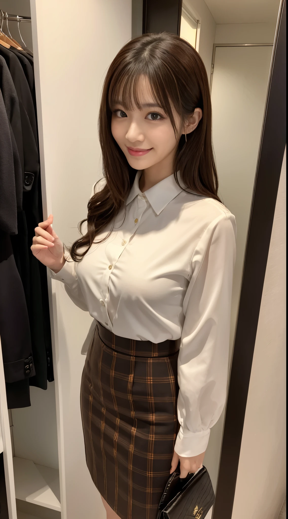 ultra best quality、in 8K、masuter piece、Professionally taken photos,masterpiece,25 year old Japanese sexy girl,The best smile,Looking away,Fancy makeup with red eyeshadow,Officelady,Medium chest,Slender body,black office lady suit(skirt type)、vertically curled brown hair、eye glass、Change clothes in the changing room、Bright dressing room
