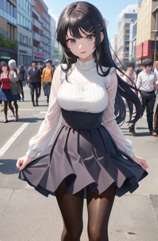 (masutepiece,Best Quality, Detailed), 1girl in, Solo Focus, Outdoors, Street, ((Large crowds)), day,  sakurajima mai, ,white skirt integrated dress，Dresses with visible backs，耳环，Black tights，pin heels，venue