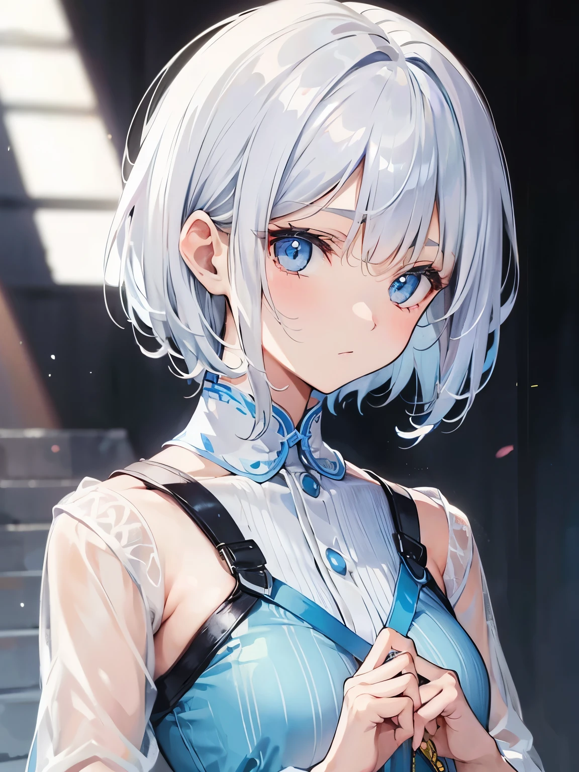 breasts are small、Silver hair, Light blue eyes, Short hair, Right eye hidden by bangs, Delicate girl