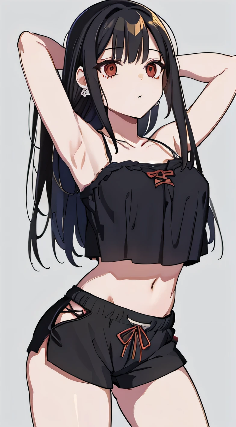 (extremely detailed CG unity 8k wallpaper), (masterpiece), (best quality), (ultra-detailed), (best illustration), (best shadow), (absurdres), 1girl, solo, Chihara, 1girl, solo, black hair, shorts, long hair, looking at viewer, black shorts, arms behind head, contrapposto, spread armpit, camisole, red eyes, breasts, earrings, short shorts, cowboy shot