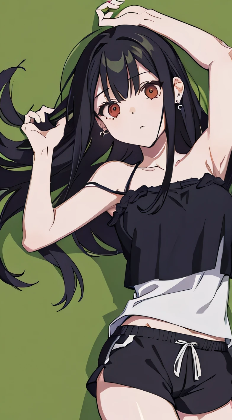(extremely detailed CG unity 8k wallpaper), (masterpiece), (best quality), (ultra-detailed), (best illustration), (best shadow), (absurdres), 1girl, solo, Chihara, 1girl, solo, black hair, shorts, long hair, looking at viewer, black shorts, lying, on back, arms up, on grass, spread arms, camisole, red eyes, breasts, earrings, short shorts,