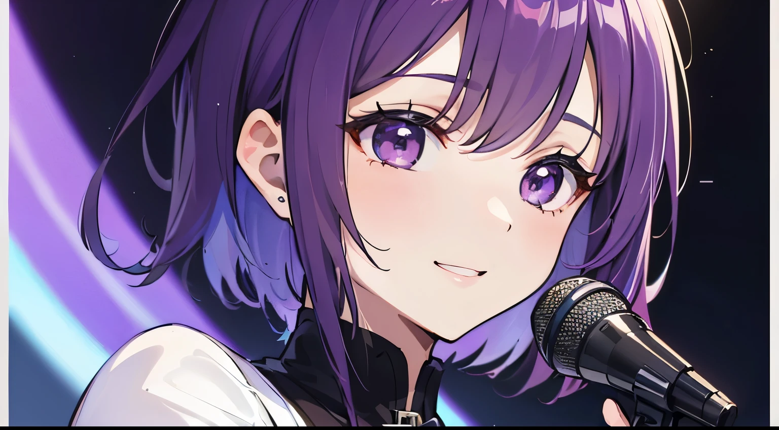(tmasterpiece,4k wallpaper,best qualtiy))、((girl with1a person))、(独奏)、Brilliant,(Purple hair)、short-cut、a smile、close up of face、doress、microphone、singing、stage