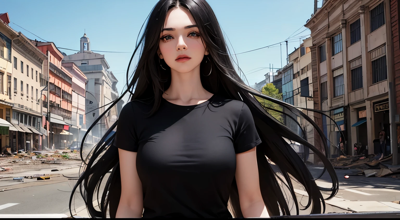 A woman with long, straight black hair, a muscular build, green eyes, thick lips, black jeans, a black t-shirt and well-defined eyebrows stands in the center of a capital city called Bogotá, Colombia. The city is in ruins, ravaged by hunger and poverty.
