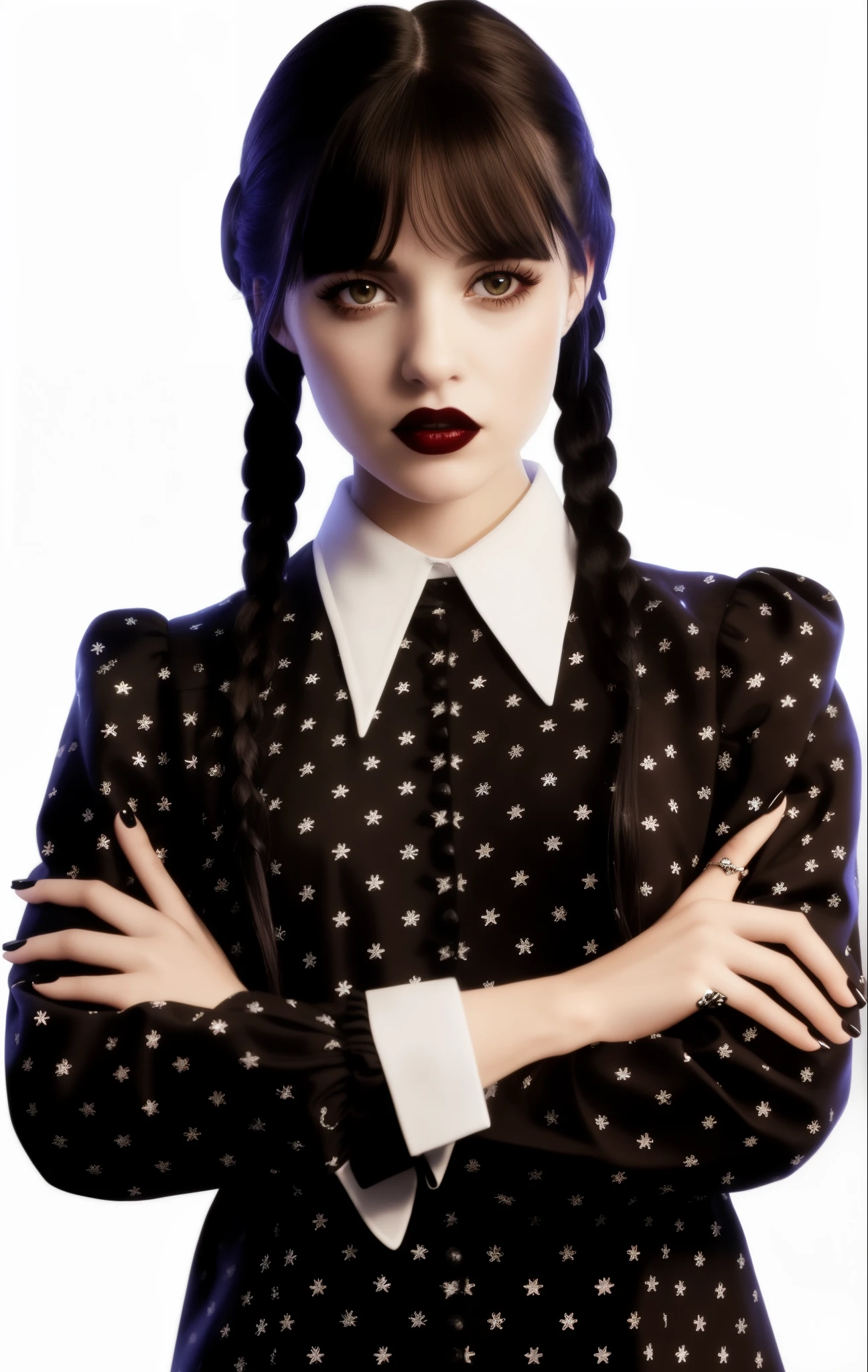 A 2d illusion A closeup of a woman with long hair wearing a dress, like Wednesday Addams, Wednesday Addams, she looks like a mix of grimes, with black pigtails, looks like a mix of grimes, killstar, grimes, pigtails, 1 7 - year - goth girl, goth girl, looks like a mix of grimes, haired pigtails, pigtail, Melanie Martinez