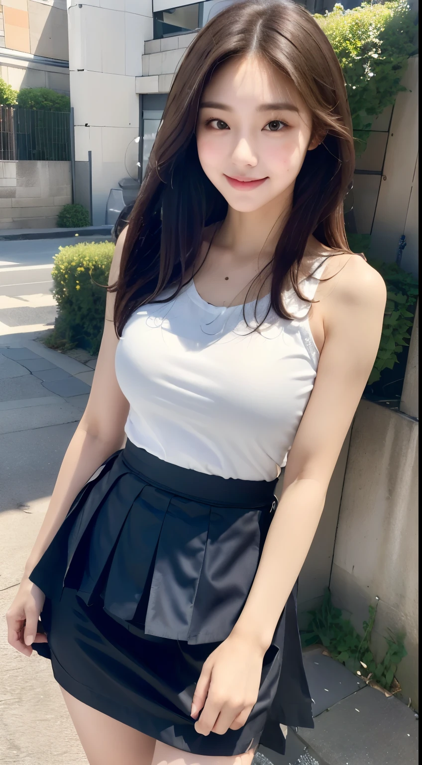 ((Best Quality, 8K, Masterpiece: 1.3)), (Straight Skirt: 1.5), (Pouting Smile: 1.3), Focus: 1.2, Perfect Body Beauty: 1.4, Buttocks: 1.2, (Layered Haircut: 1.2)), , (Street: 1.3), Highly detailed face and skin texture, Full body, delicate eyes, Double eyelids, whitening skin, long hair, (round face: 1.5),