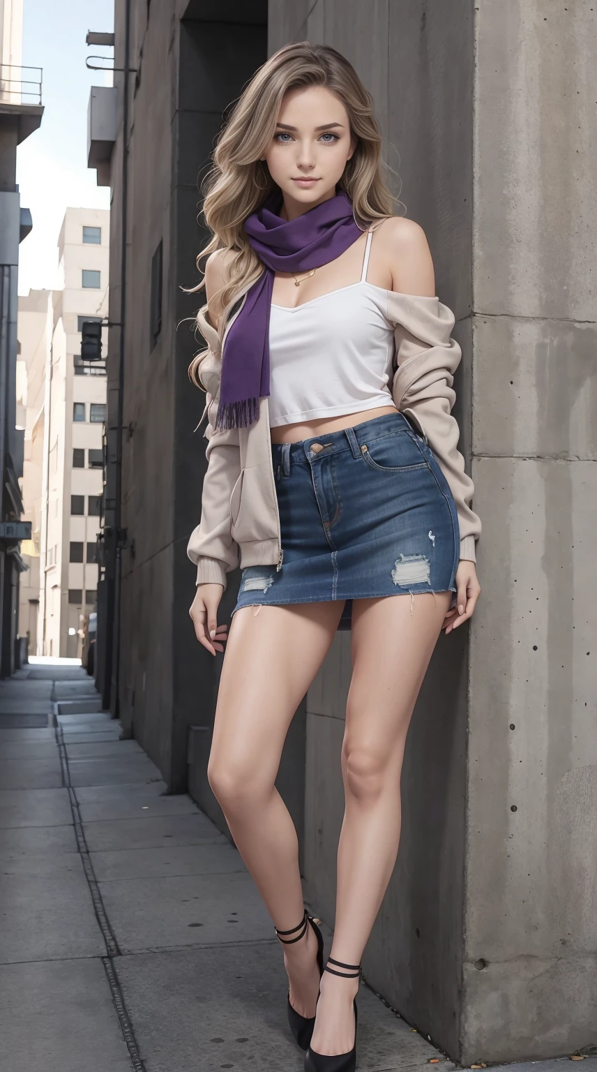 24-year-old Caucasian woman、Hair color is a gradation of brunette and purple、Hair is wavy、Eye color is blue、Longhaire、A slender、a smile、wearing off-the-shoulder tops、I'm wearing a miniskirt、Wearing a jacket、I'm wearing pin heels、I'm in front of an old concrete wall、Wearing a scarf around your neck