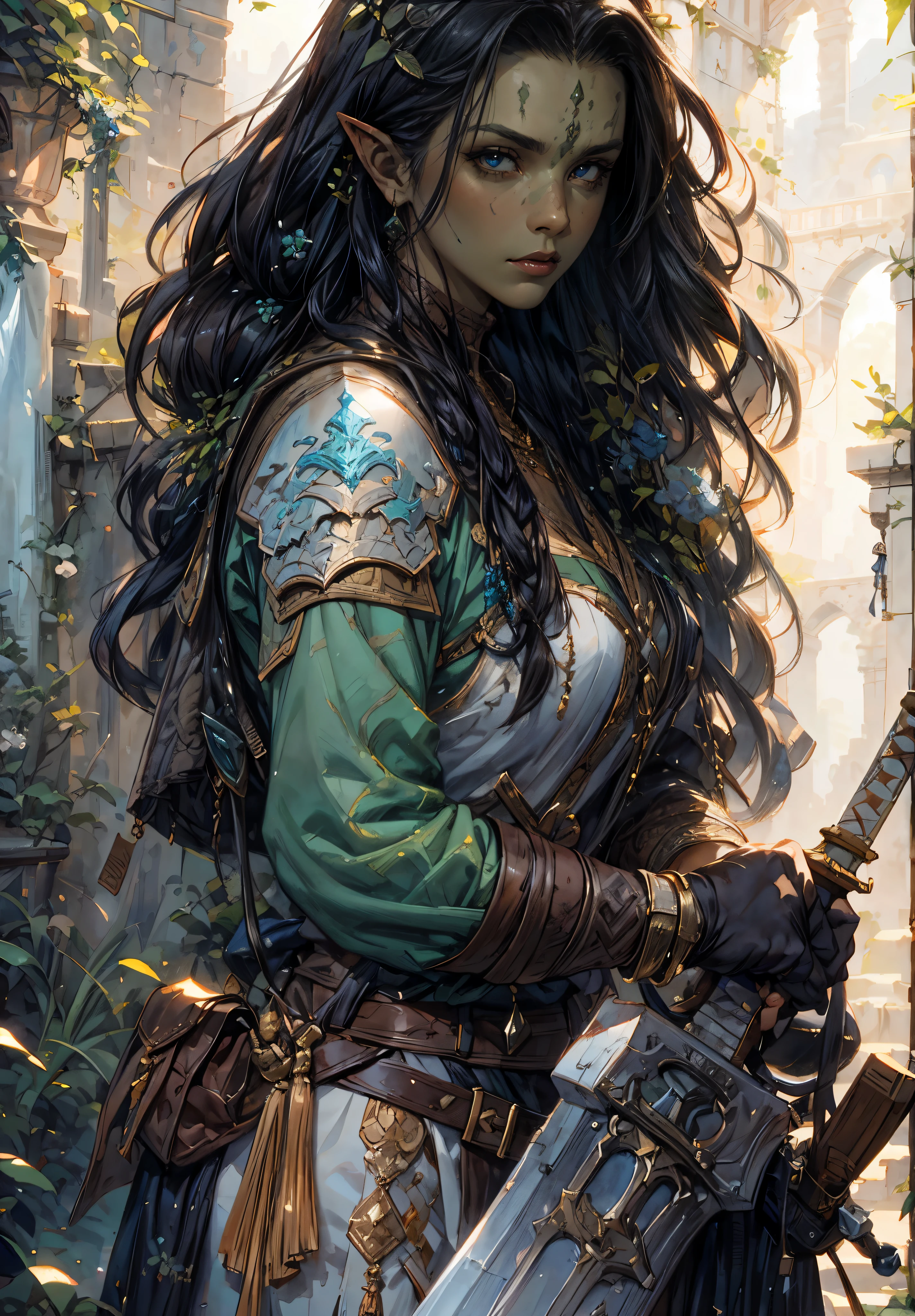 Watercolor painting of a half orc female gripping a huge sword, upclose portrait, art by craig mullins, , beautiful DND character painting, amazing details, masterpiece, intricate leather armor and linen clothing, long lustrous hair, detailed eyes, green hue skin tone, beautiful half orc, perfect face, perfect hands, masterpiece, amazing artwork, ancient city background