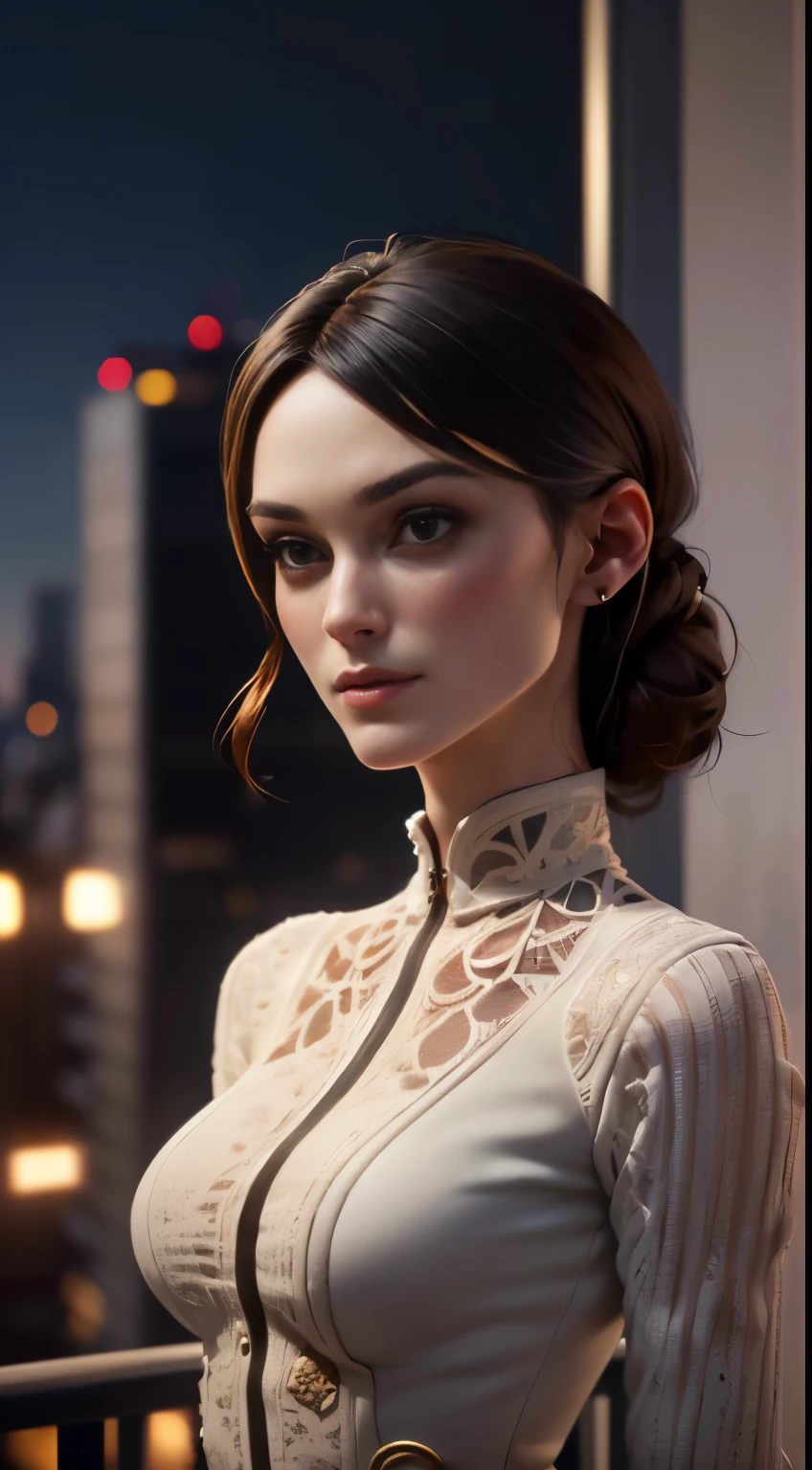 photo of Keira Knightley, RAW, beautiful woman, ((portrait)), ((detailed face:1.2)), ((detailed facial feature, detailed skin, clear skin), (perfect proportioned body, medium breasts), (wearing a bodycon dress) (high detailed city environment, apartment balcony), (realistic photo, best quality, detailed), (8k wallpaper), (cinematic lighting, dramatic lighting) (sharp focus, intricate)