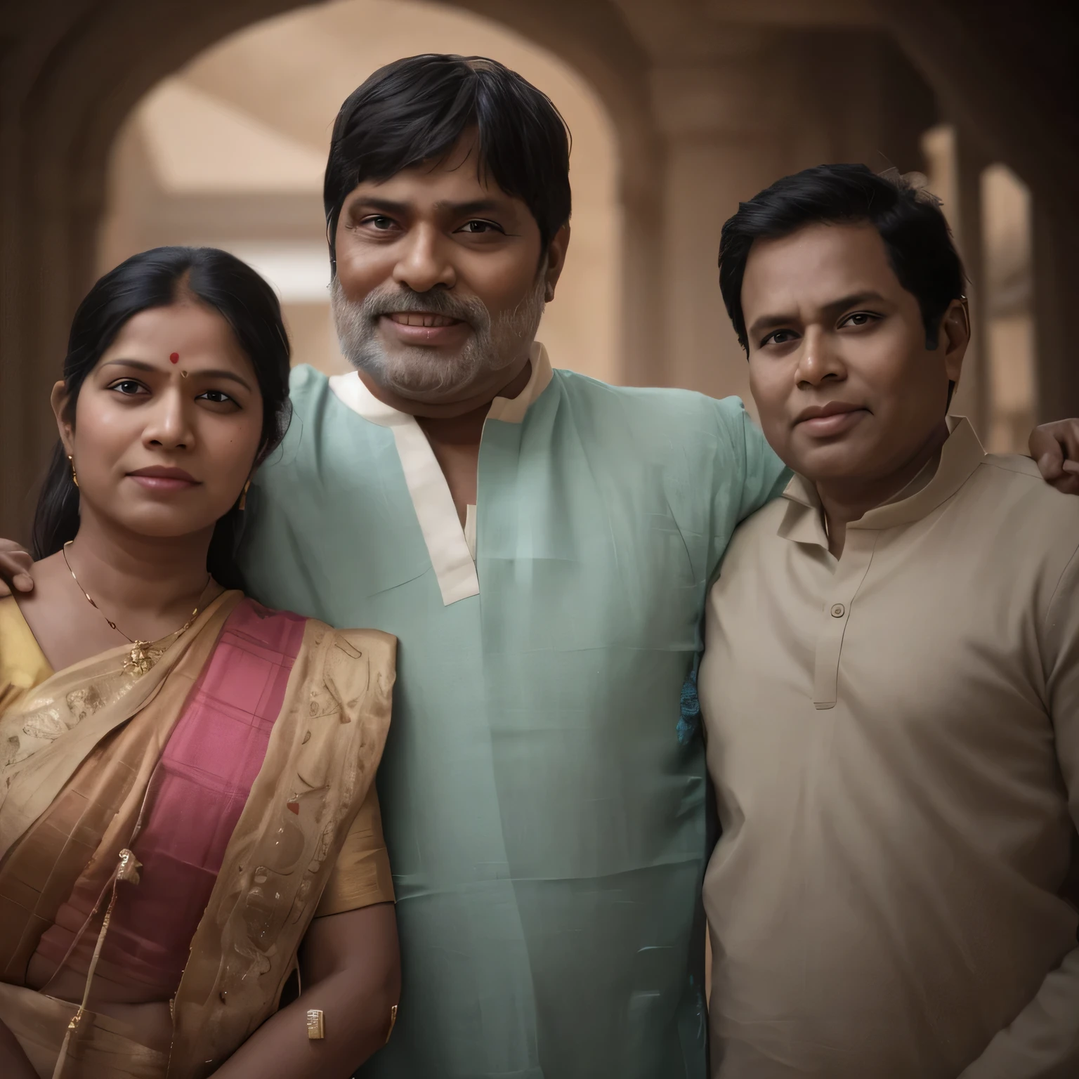 there are Indian traditional two men and a woman standing together in a fantasy background photo, husband wife and son, happy family, by Thota Vaikuntham, very clear picture, very very low quality picture, portrait of family of three, in group photograph, in style of neodada, 3 0 years woman, accurate depiction, with two characters, edited in photoshop, very accurate photo