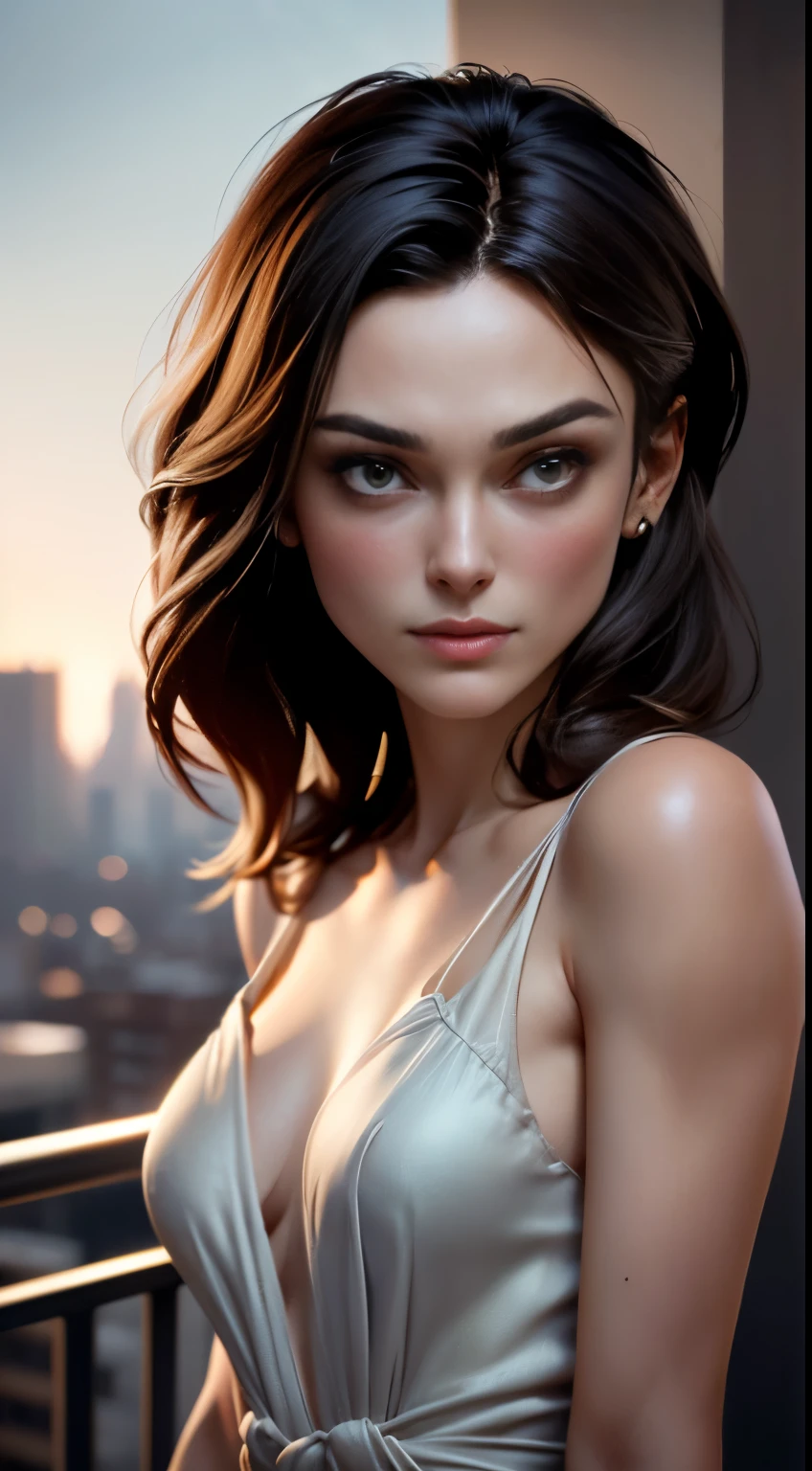 photo of Keira Knightley, RAW, beautiful woman, ((portrait)), ((detailed face:1.2)), ((detailed facial feature, detailed skin, clear skin), (perfect proportioned body, medium breasts), (wearing a drop waist dress) (high detailed city environment, apartment balcony), (realistic photo, best quality, detailed), (8k wallpaper), (cinematic lighting, dramatic lighting) (sharp focus, intricate)
