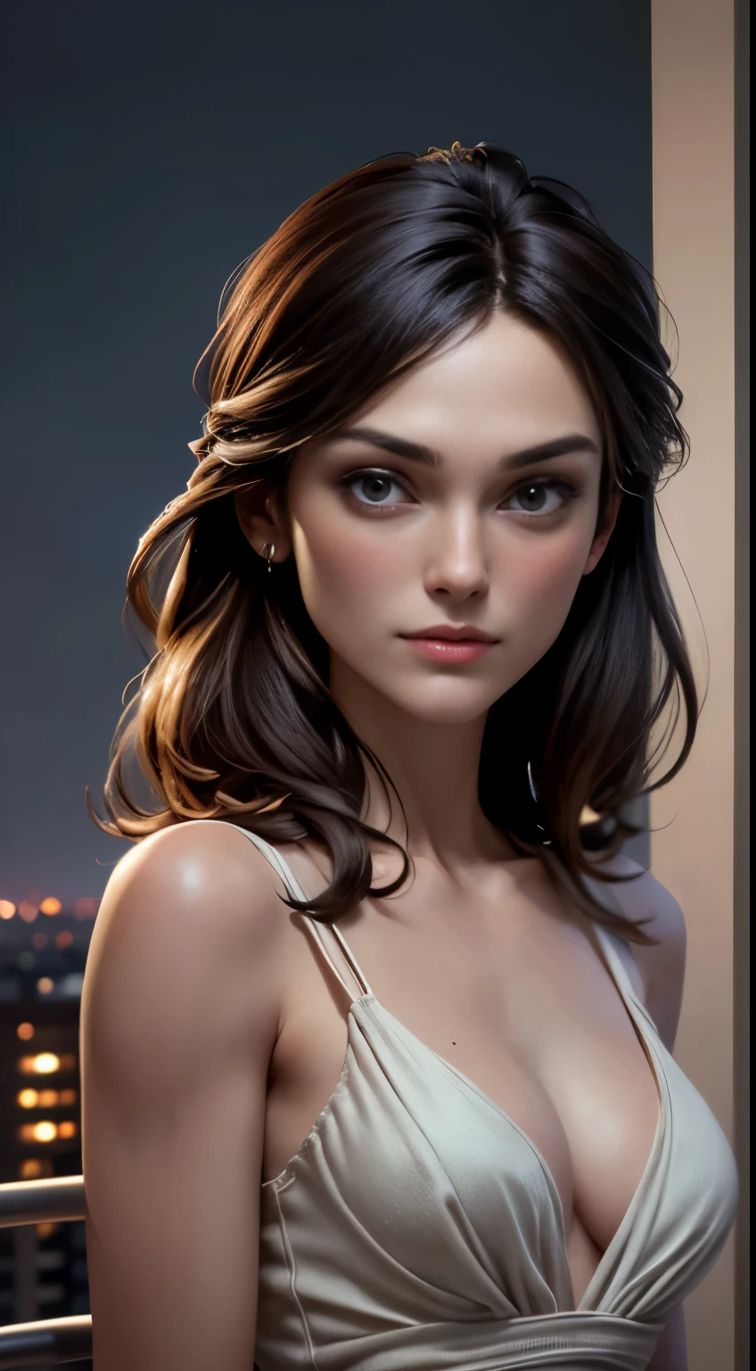 photo of Keira Knightley, RAW, beautiful woman, ((portrait)), ((detailed face:1.2)), ((detailed facial feature, detailed skin, clear skin), (perfect proportioned body, medium breasts), (wearing a drop waist dress) (high detailed city environment, apartment balcony), (realistic photo, best quality, detailed), (8k wallpaper), (cinematic lighting, dramatic lighting) (sharp focus, intricate)