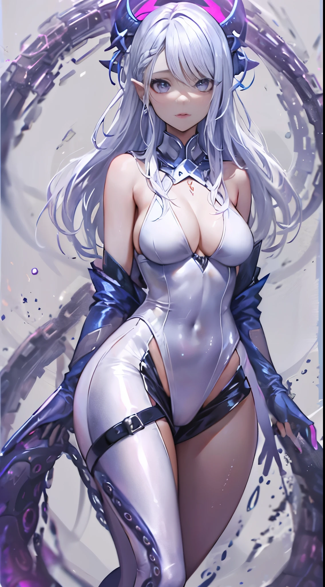 One lady,ars,((White hair) ,((())), ((Normal breasts)), (())(()),(Shiny purple bodysuit with microskirt))),,((Fantasy))(())(tentaculata)