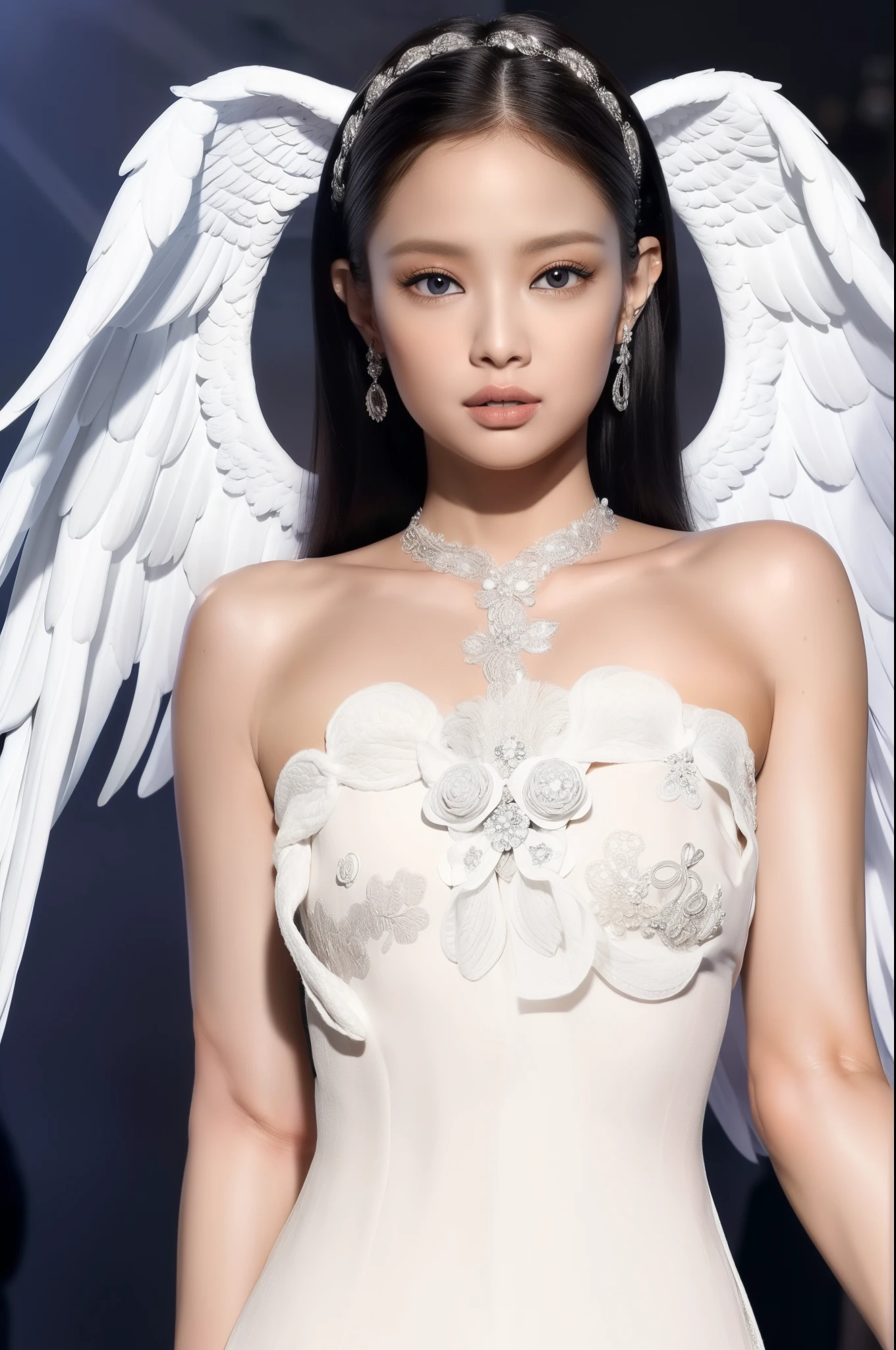 olhos perfeitos, (ultra realistic:1.5), (detailed heaven background :1.2), (elegante vestido real branco:1.2), (intrincado:1.2), (Looking at camera:1.2), melhor qualidade, master part, DSLR, natural,(coroa brilhante), ((angel wings)), jewelry, seios pequenos, Olhos bonitos,1 asian girl