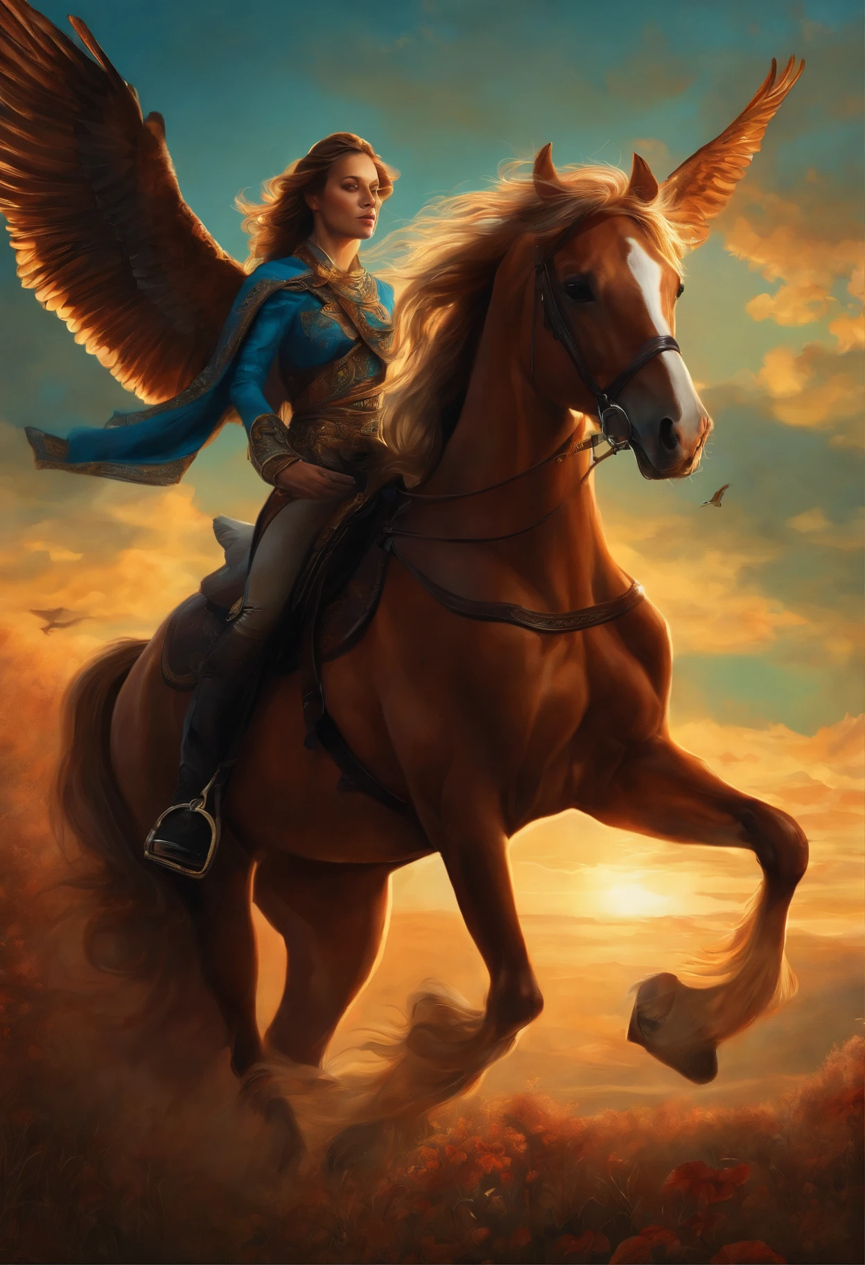 Painting of a horse in the saddle and a bird flying above it, rob rey, Author: Kerembeyit, Cyril Rolando & M.In Kaluta, Cyril Rolando & M. In Kaluta, Cyril Rolando and Goro Fujita, jen bartel, amazing wallpaper, beautiful illustration, inspired Author: Kerembeyit