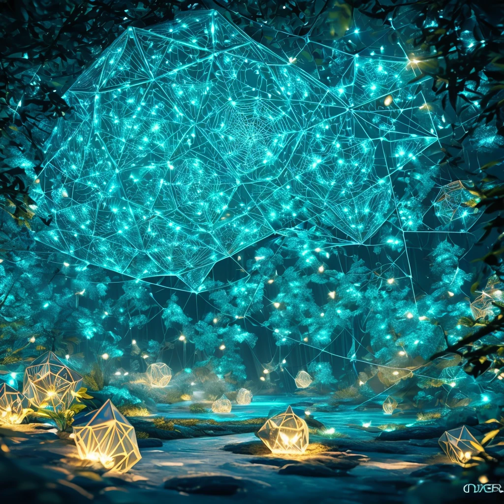 A stylized image of a large bioluminescent faceted diamond is formed by a web., Bioluminescent web looks like the outline of a diamond, Bioluminescent Web Art, digital arts, higly detailed