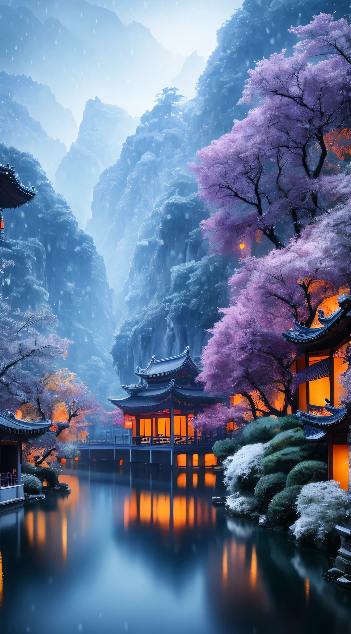 Masterpiece, best quality, high quality, extremely detailed CG unity 8k wallpaper, classical Chinese garden, landscape, amsterdam, winter, ((snowing)), outdoor, sky, daytime, landscape, water, tree, blue sky, waterfall , nature, lake, river, cloudy sky, award winning photography, bokeh, depth of field, HDR, bloom, chromatic aberration, photorealism, very detailed, trending on artstation, trending on CGsociety, intricate, high detail, dramatic, midjourney art