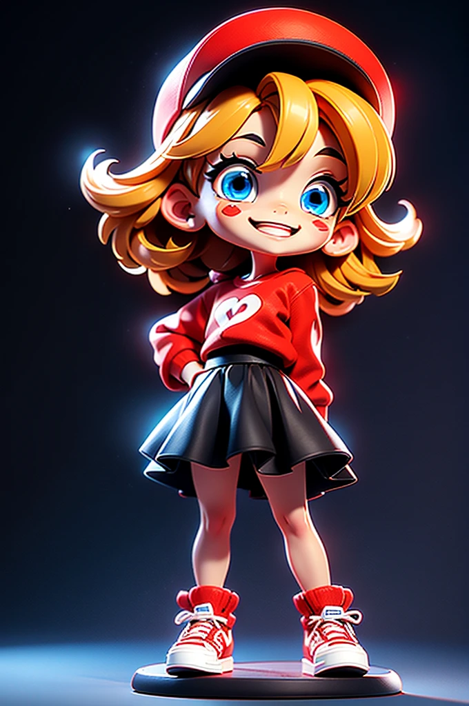 Character Stickers,cute girl solo,Short golden hair,blue eyes,Full body, ,(Chibi Genre),Red Shirt,Black skirt,white canvas shoes,Wear a red hat.,Standing,Smiling face,Rendered in 6 K resolution.,Shadows with softness,Black background for creating websites,2:3