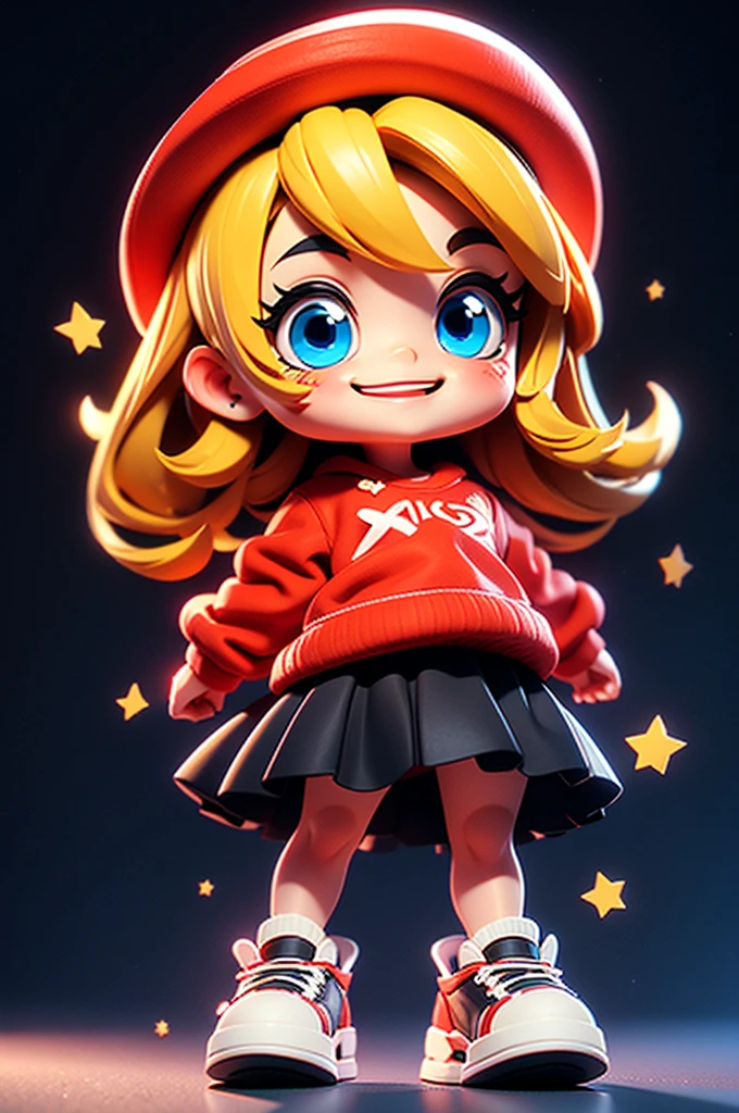 Character Stickers,cute girl solo,Short golden hair,blue eyes,Full body, 15 years old,(Chibi Genre),Red Shirt,Black skirt,white canvas shoes,Wear a red hat.,Standing,Smiling face,Rendered in 6 K resolution.,Shadows with softness,Black background for creating websites,2:3