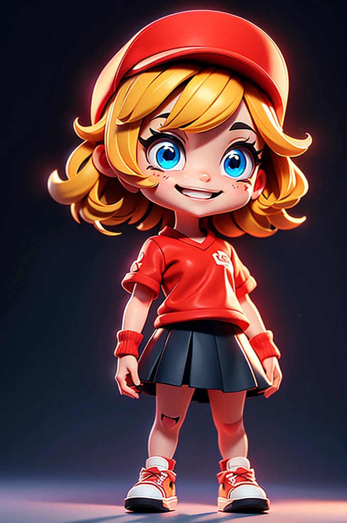 Character Stickers,cute girl solo,Short golden hair,blue eyes,Full body, ,(Chibi Genre),Red Shirt,Black skirt,white canvas shoes,Wear a red hat.,Standing,Smiling face,Rendered in 6 K resolution.,Shadows with softness,Black background for creating websites,2:3