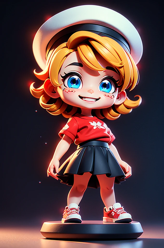 Character Stickers,cute girl solo,Short golden hair,blue eyes,Full body, ,(Chibi Genre),Red Shirt,Black skirt,white canvas shoes,Wear a red hat.,Standing,Smiling face,Rendered in 6 K resolution.,Shadows with softness,Black background for creating websites,2:3