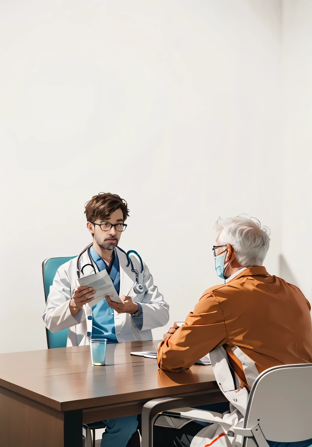 A doctor in a white coat sits,holding in hand,Doctor sitting with leaflet in hand,Across the table sits an older male patient..........,Doctor and patient sitting face to face