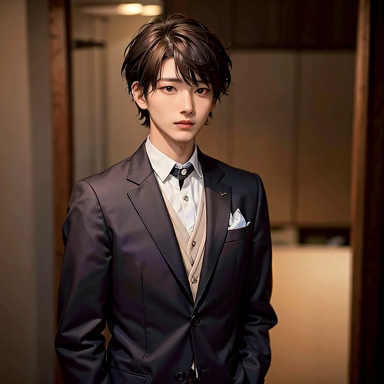 Comma haircut, 1 boy, wearing a suit, handsome,