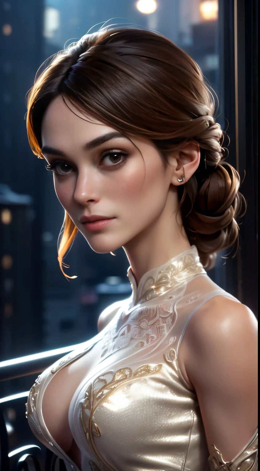 photo of Keira Knightley, RAW, beautiful woman, ((portrait)), ((detailed face:1.2)), ((detailed facial feature, detailed skin, clear skin), (perfect proportioned body, medium breasts), (wearing a bubble dress) (high detailed city environment, apartment balcony), (realistic photo, best quality, detailed), (8k wallpaper), (cinematic lighting, dramatic lighting) (sharp focus, intricate)