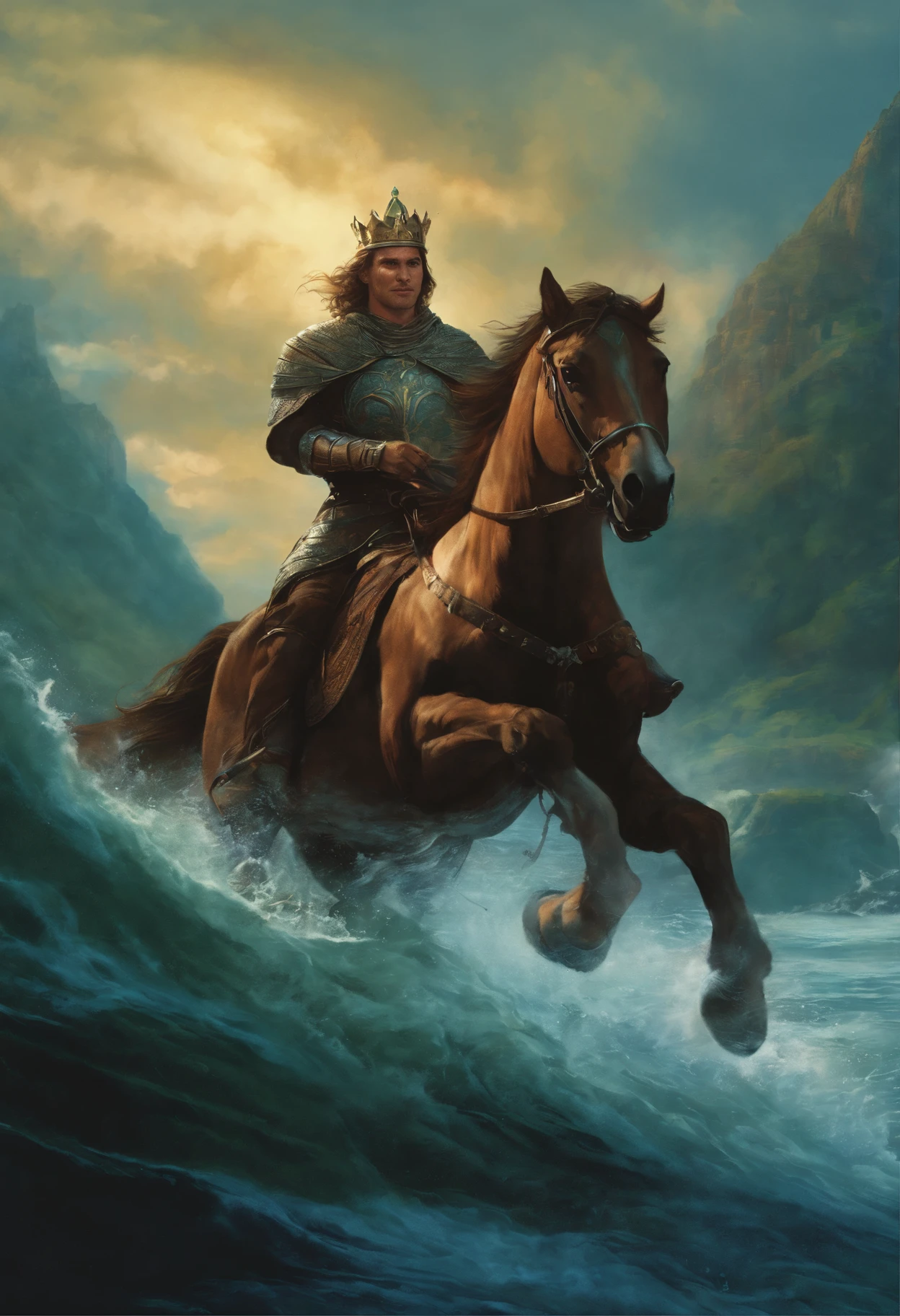 a man rides across the water on a horse with a crown on his head, fantasy rpg book illustration, Illustration by Dragonlance, Cover of an epic fantasy novel, Android Jones & Rads, epic fantasy card game art, epic fantasty card game art, Fantasy picture of the cover of the book, fantasy card game art, Knight of Cups, The rider carries a great sword