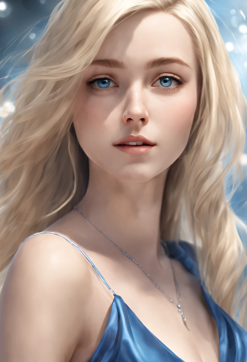 A beautiful blond woman with long hair and blue dress posing for a picture, realistic art style, photorealistic anime girl render, smooth anime cg art, sexy realism style, realistic artstyle, realistic young anime girl, gorgeous digital painting, realistic anime 3 d style, beautiful portrait, realistic anime art style, closeup character portrait, 3 d realistic, portrait