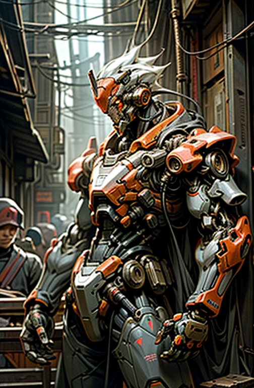 Dark_Fantasy,Cyberpunk,(chain saw,chain saw man,Red:1.1),1man,Mechanical marvel,Robotic presence,Cybernetic guardian, wearing a worn-out mech suit, intricaeel metal [rusty]), elegant, clear focus, shot by greg rutkowski, soft lighting, vibrant colors, masterpiece, ((street)), cowboy shot, dynamic pose,