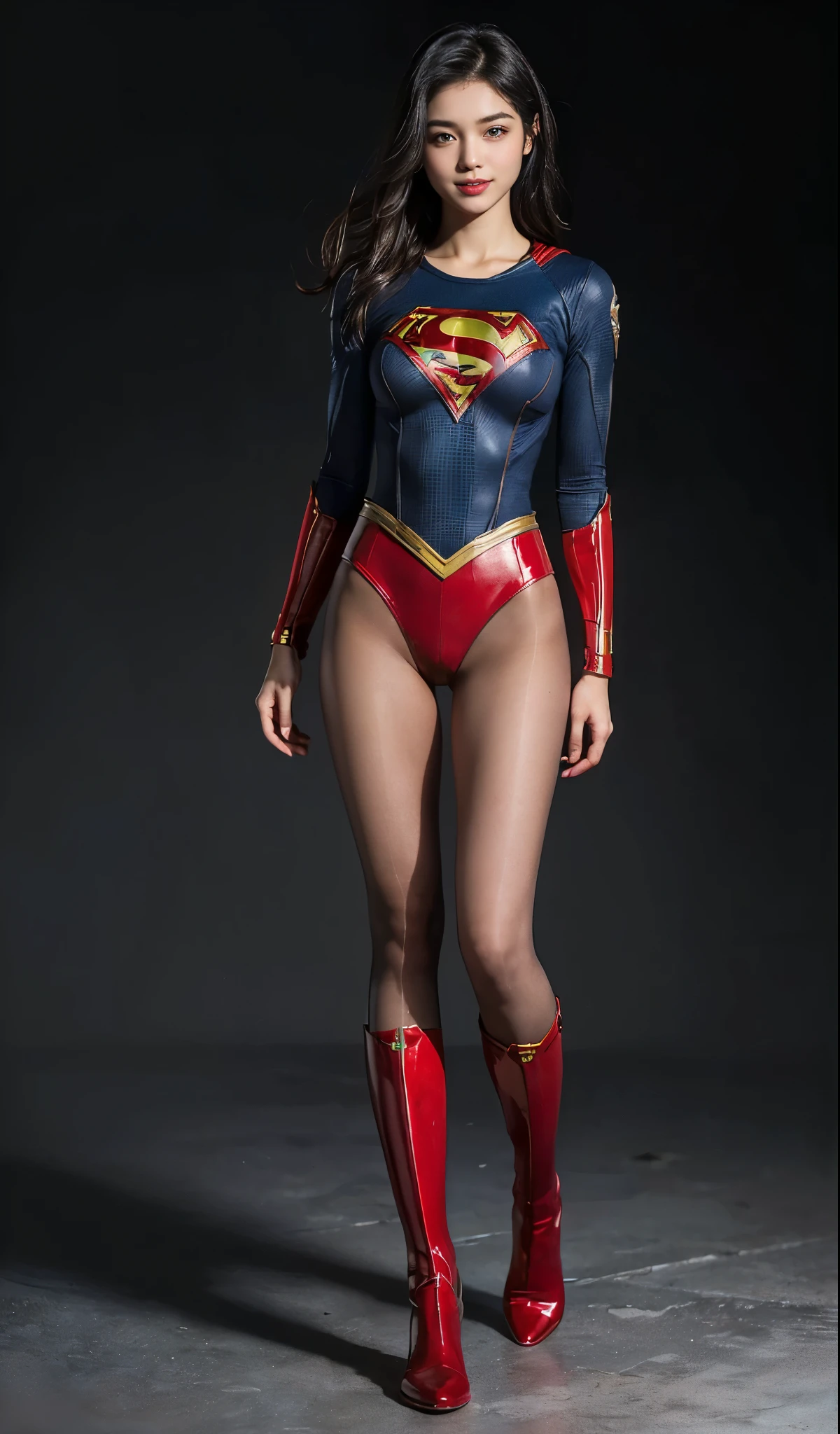 No background、Are sleeping、lying back on、(((Wear black tights on your beautiful legs.)))、(((Grow legs、tall、Legally express the beauty of your smile)))、((((Make the most of the original image)))、(((Supergirl Costume)))、(((beautiful hairl)))、(((Suffering)))、(((Feet must necessarily be worn with black tights)))、(((You need to wear red boots)))、((Top image quality、8K))、((top-quality、8K、masterpiece:1.3))、(((Keep Background )))、Crisp focus:1.2、Beautiful woman with perfect body shape:1.4、Slender Abs:1.2、a wet body:1.5、Highly detailed facial and skin texture、8K