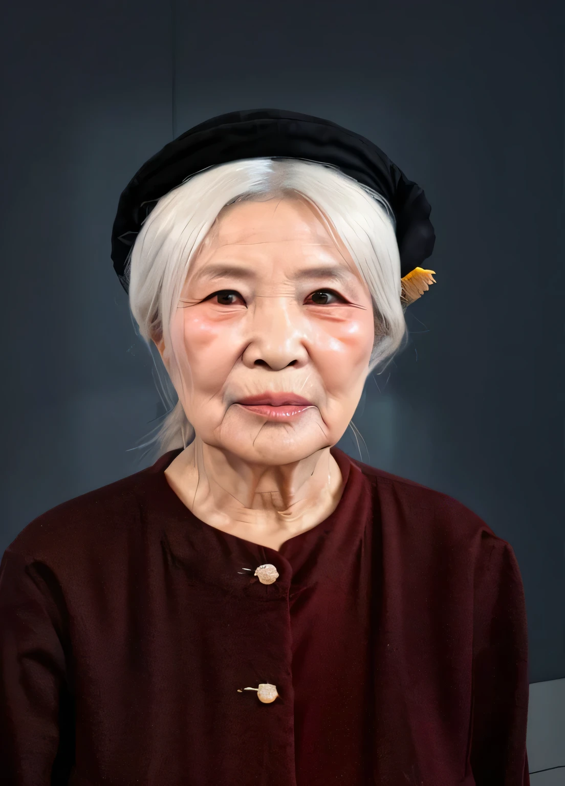 arafed woman with white hair and a black hat, portrait bust of old woman, 3d render senior artist, old woman, realistic restored face, inspired by Ruth Jên, close portrait, grandma, old lady, mao, full face portrait, phuoc quan, vietnamese woman, mai anh tran, portrait 6 0 - year - old woman