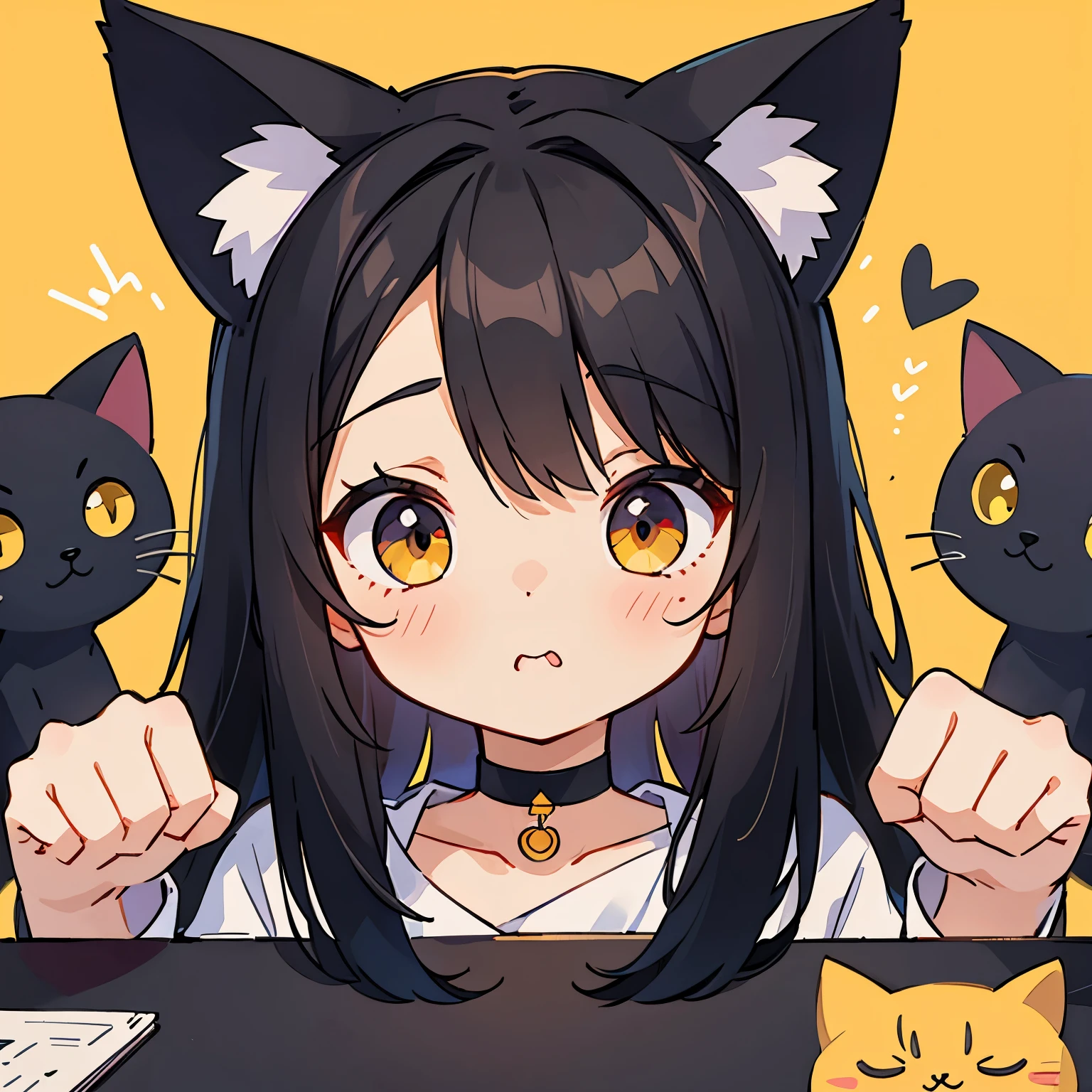 1 persons、girl with、Long Black Hair、a choker、Eyes are yellow、Cat's ears、Unclear、kawaii、desk work