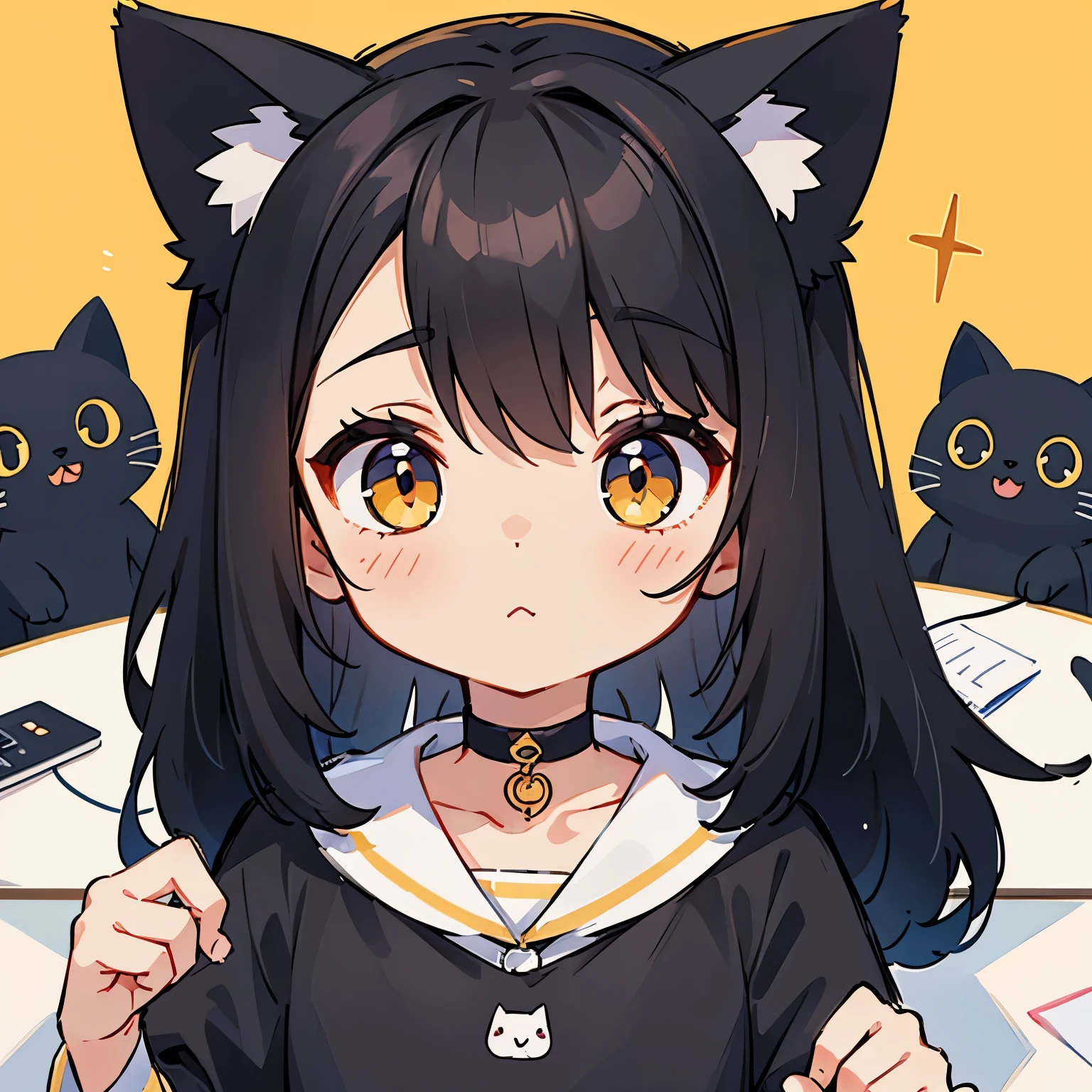 1 persons、girl with、Long Black Hair、a choker、Eyes are yellow、Cat's ears、Unclear、kawaii、desk work