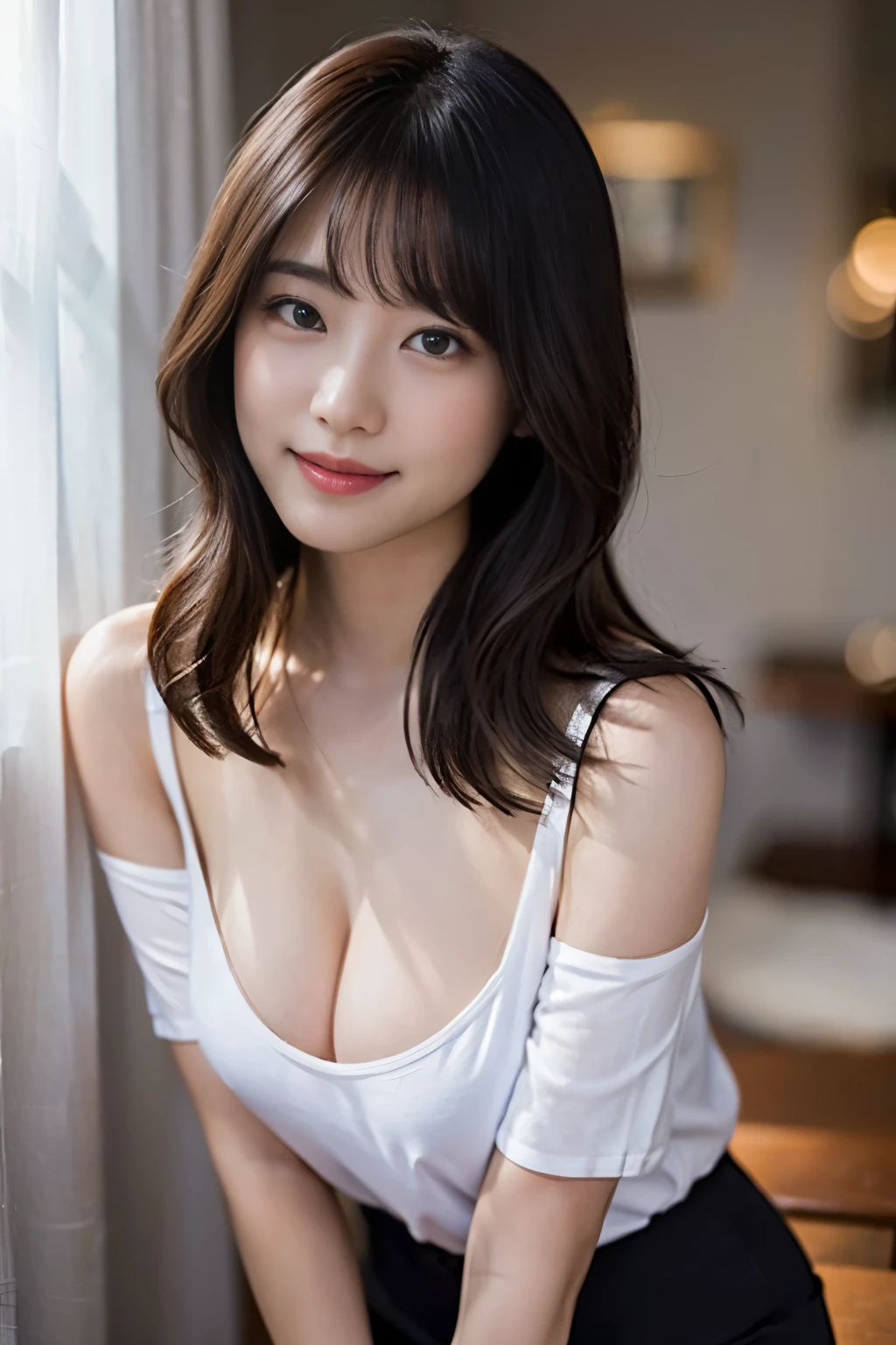 (8K、Raw photography、top-quality、masterpiece:1.2)、(realisitic、Photorealsitic:1.37)、ultra-detailliert、超A high resolution、1人、see the beholder、beautifull detailed face、A smile、Constriction、(Slim waist) :1.3)、off-shoulder shirt、mini hot-shorts、Black pantyhose、fully body photo、Beautiful detailed skin、Skin Texture、floated hair、profetional lighting、large full breasts、cleavage of the breast、Open the chest of the shirt wide、No bra、Get your out