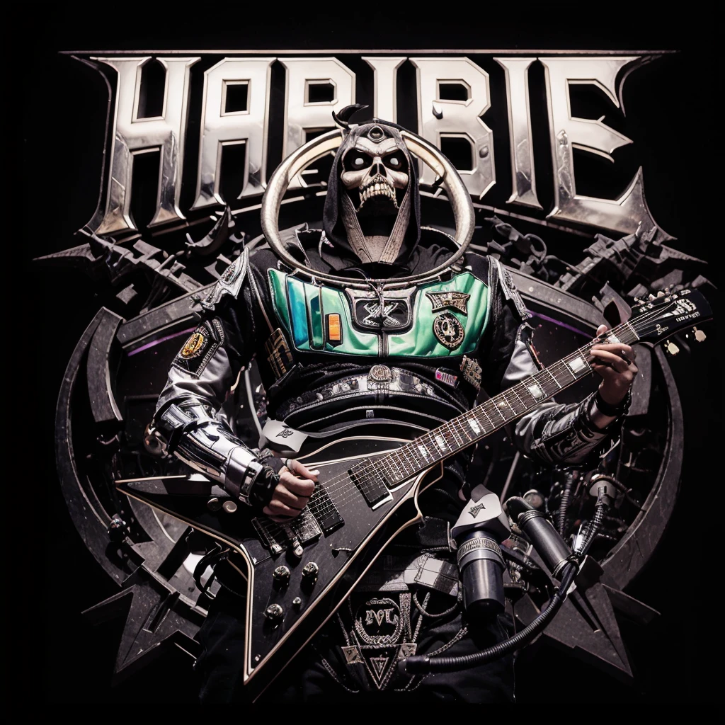 logo name (HABIBIE) font death metal,buz light year,playing guitar,baphomet,3D,background black