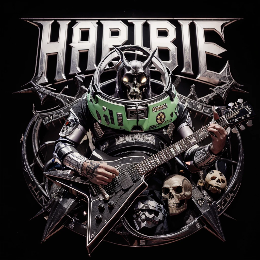 logo name (HABIBIE) font death metal,buz light year,playing guitar,baphomet,3D,background black