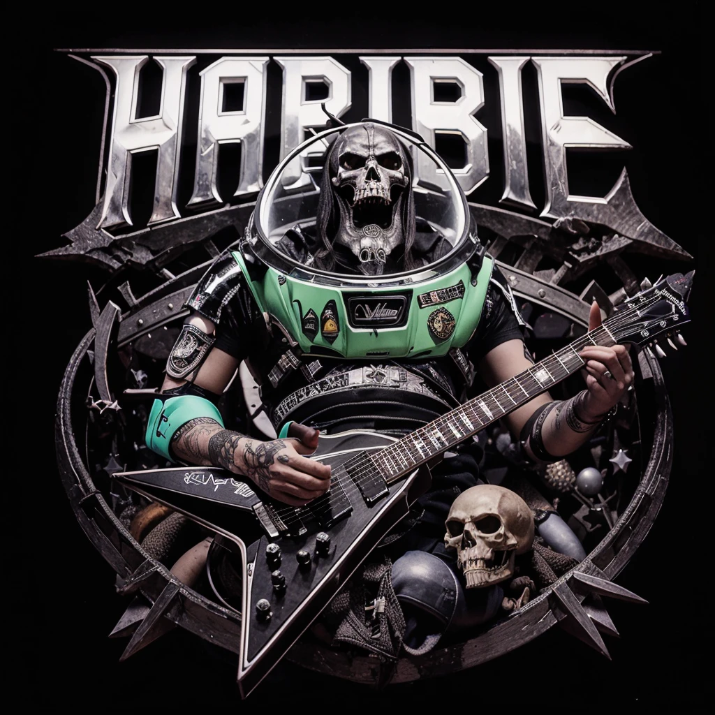 logo name (HABIBIE) font death metal,buz light year,playing guitar,baphomet,3D,background black
