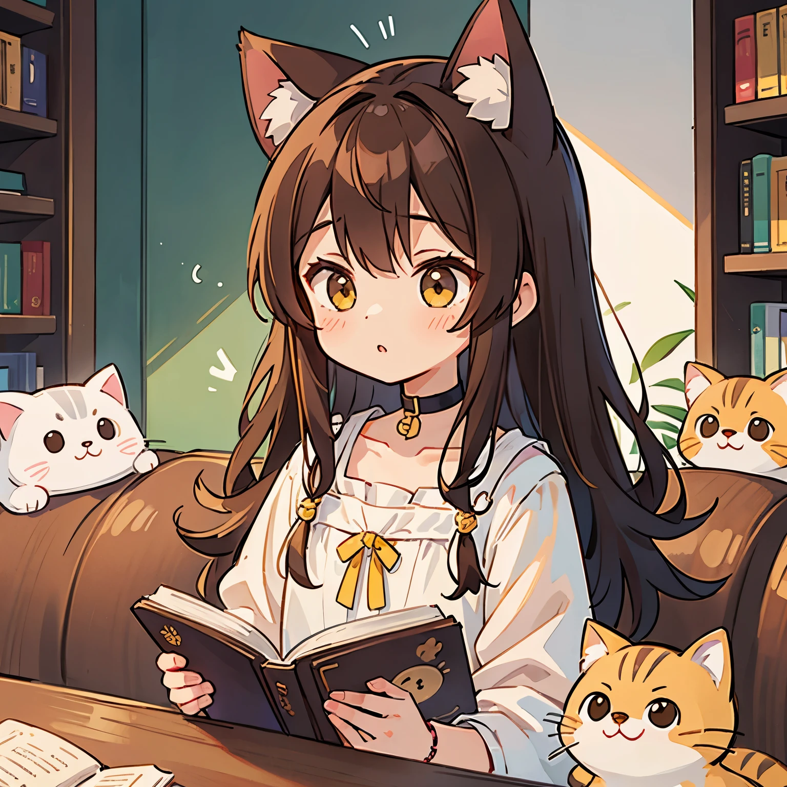 1 persons、girl with、Brown hair long、a choker、Eyes are yellow、Cat's ears、Unclear、kawaii、Reading a book