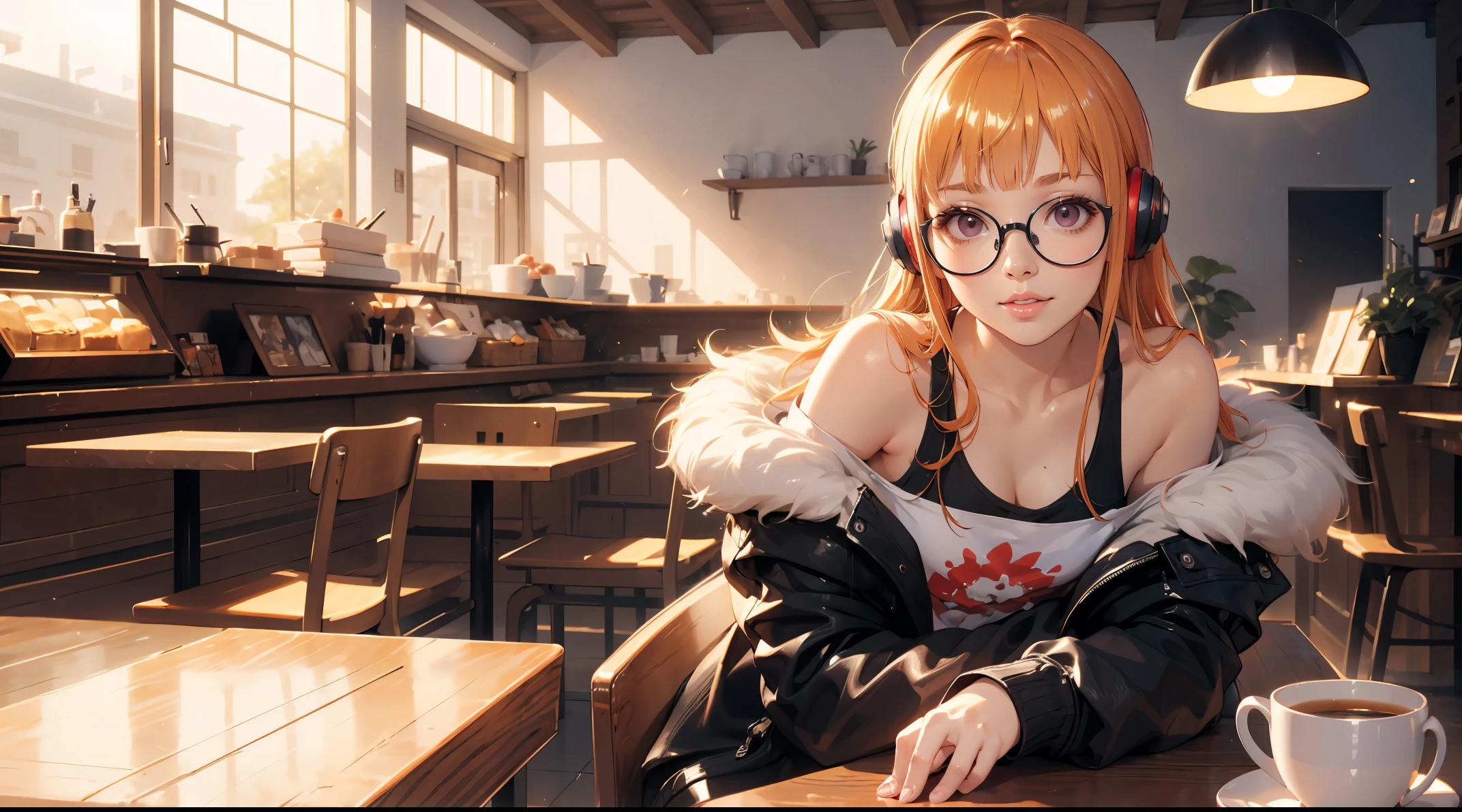 masutepiece, Best Quality, hight resolution, 1girl in, futaba sakura, Blunt bangs, Glasses, black-framed eyewear, Ahoge,orange color hair、 small chest purple eyes、 Glasses, headphones, behind-the-head headphones, bura, Jacket, off shoulders, Fur trim, fur-trimmed jacket, Green jacket, Shorts, ,the golden hour,A smile that showed teeth、1black cat、tea shop、on the counter、Coffee、futaba sakura、Purple eyes、orange color hair、eye glasses、,masterpiece、top-quality、Official art、illustratio、ligne claire、(Cool_Color)、perfect-composition、focal、acurate, Anatomically correct、 、hight resolution, Beautiful detailed glow, masutepiece*Portrait, 3D Face, Realistic, (masutepiece: 1.3), (max resolution: 1.2), (Ultra HDTV: 1.2), cinematric light, 8K resolution, phi ,masterpiece、top-quality、Ultra Detail、(((shiny lips: 1.4)))Beautiful face, acurate, Anatomically correct, phiAlways detailed face and skin texture, Detailed eyes, Double eyelids, tThin eyebrows、 pale skin, Lustrous skin all over the body, Perfect face,Always detailed face and skin texture, Detailed eyes, Double eyelids, Thin eyebrows,Natural cheeks, Glossy skin, Fair skin: 1.2, (Glossy lips: 1.4), (((最高にbeautiful a girl)))、(((beautiful a girl)))、(little blush)、(Beautiful face)、
Delicate and beautiful hair, Delicate and beautiful eyes and face, (Beautiful gorgeous cute western woman:1.3),)(((Very Beautiful face))))(((long lashes))))(((Circular twinkling eyes)))(((Glossy and glossy lips)))
(((Cheeks with a slight reddish tinge:0.8)))(((Neat and straight nose bridge)))、(((Cowboy Shot)))crouching cowgirl,