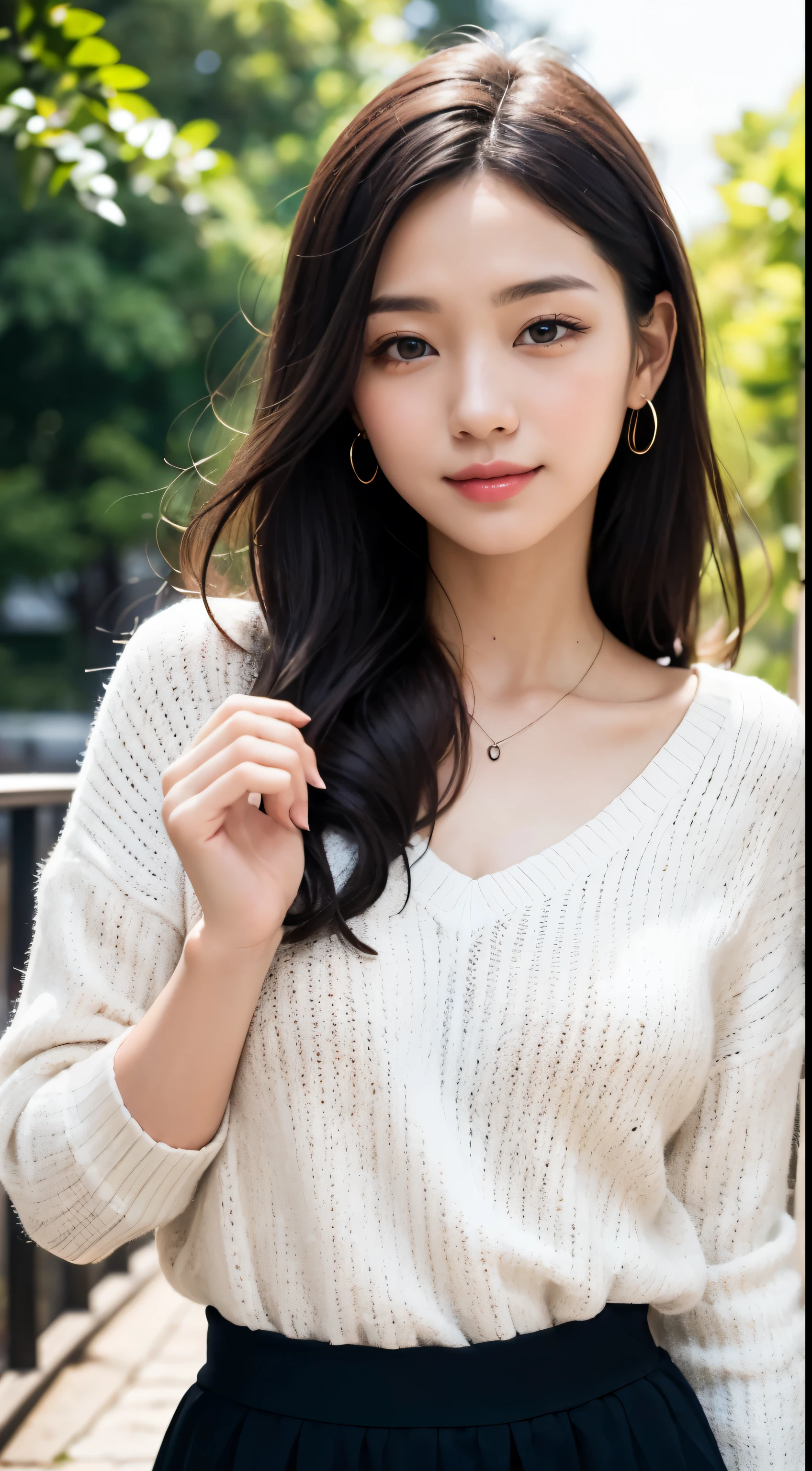 masterpiece、The highest image quality、hightquality、Beautuful Women、japanes、Popular Korean Makeup、detaileds、detailedsな目、detailedsな皮膚、Beautiful skins、超hight resolution、(现实:1.4)、very extremely beautiful、Slightly younger face、Beautiful skins、thin-waist、(A hyper-realistic)、(illustratio)、(hight resolution)、(8K)、(非常にdetaileds)(The best illustrationeautifully detailed eyes)、(超detaileds)、(wall-)、(detaileds顔)、ビューアのdetailedsを見る、 detailedsな顔、pureerosfaceace_v1、A smile、Looking straight ahead、photos realistic、Colorful hair color、(((very_Distinctive features_hair)))、((Background with:Natural greenery)),White sweater、A slight smil、Long hair