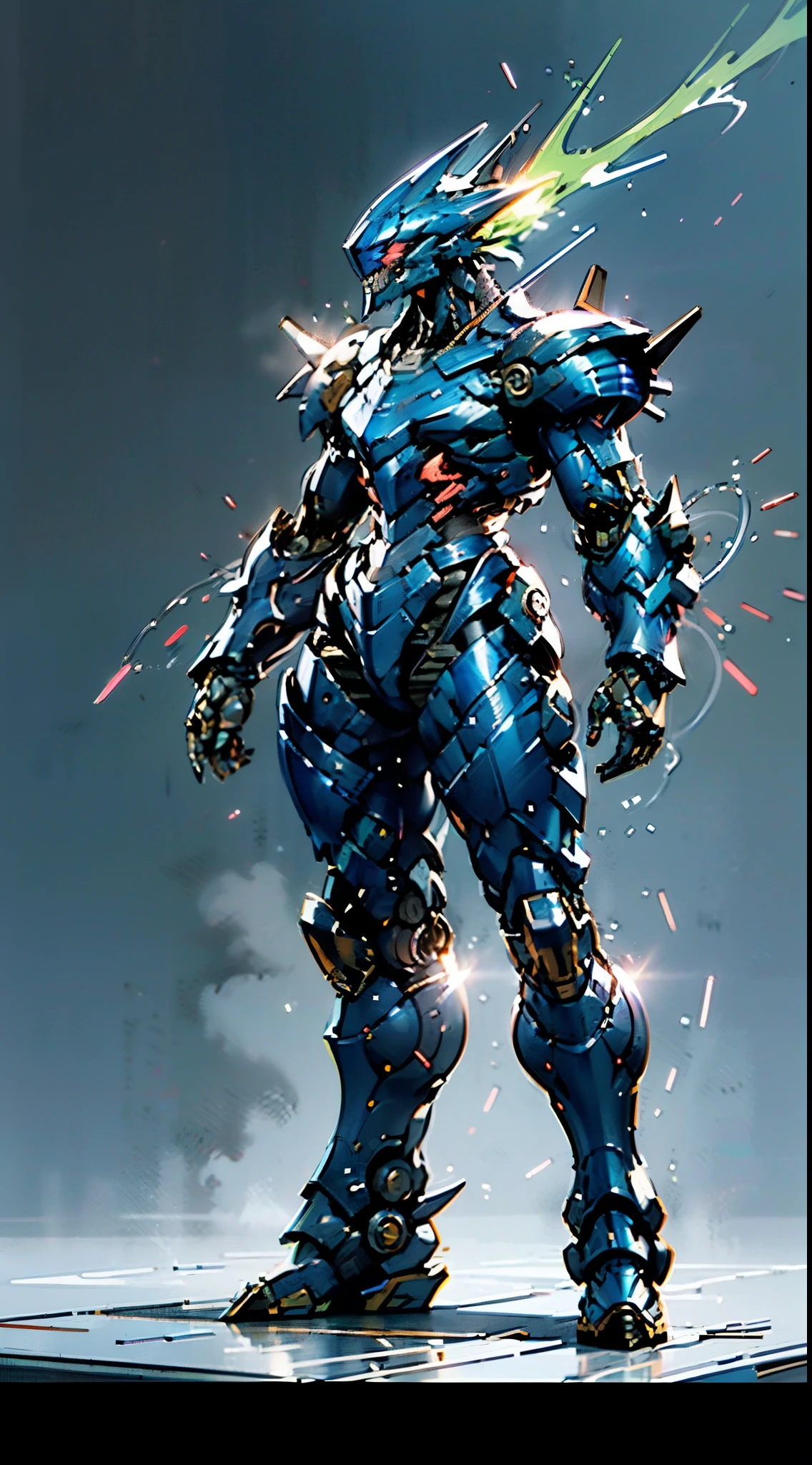 A high-tech combat armor suit inspired by Godzilla concept, Godzilla concept biotech battle armor, High-tech armored suits, psychedelic details, BiophyllTech, add electric power around, A bio-sensitive high-tech battle armor suit infused with Godzilla characteristics, The angular design on the body is illuminated and the display is charging, energy waves, Energy particles, octane render, unreal engine 5, high definition, best quality, highres, ultra-detailed, fantasy, Ultra-complex design, ultra-fine painting, extremely delicate, professional, perfect images quality, realistic, sure real, creativity, RAW photo, UHD, 32k, Natural light, cinematic lighting, best shadow, anatomically correct, masterpiece-anatomy-perfect, masterpiece:1.5