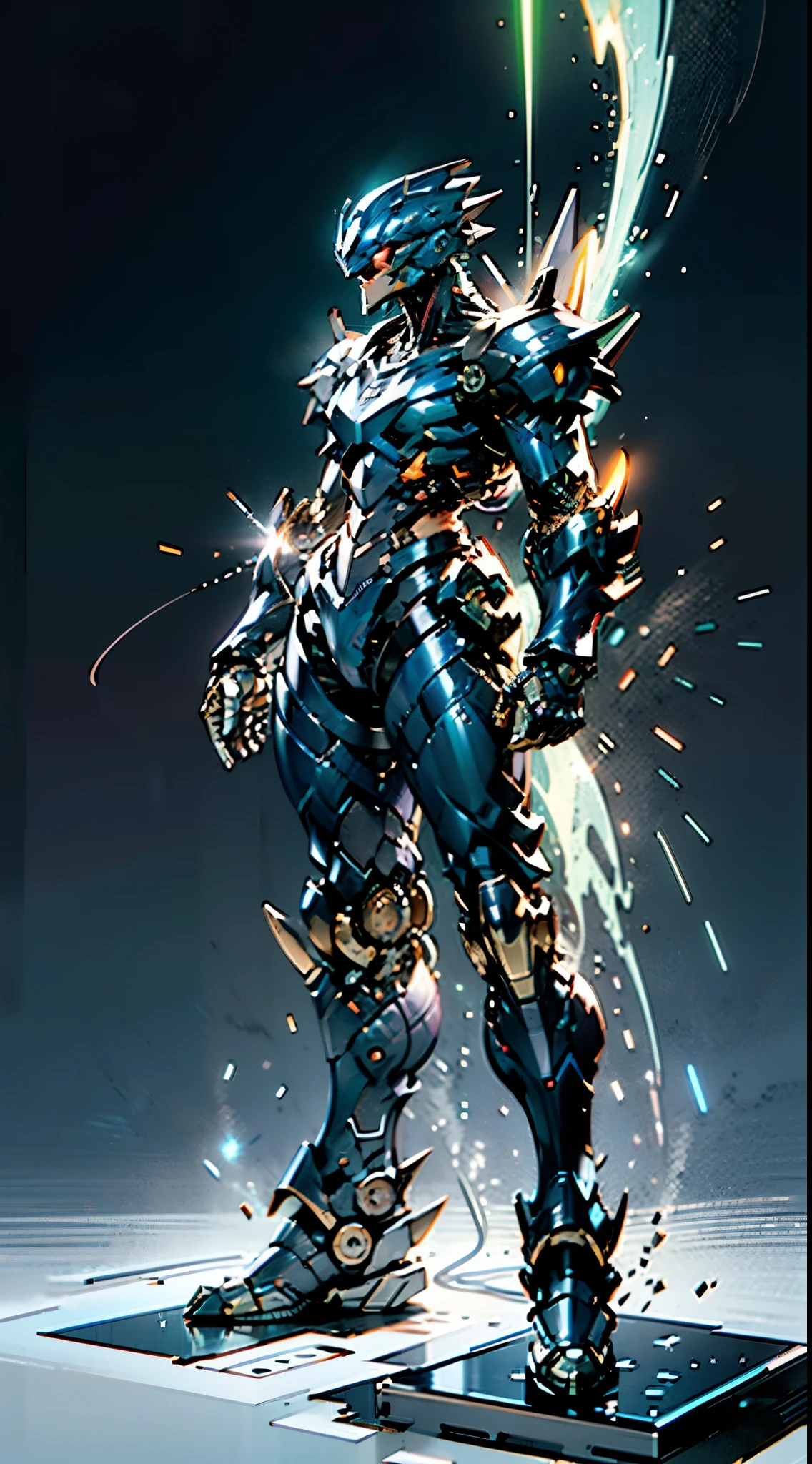 A high-tech combat armor suit inspired by Godzilla concept, Godzilla concept biotech battle armor, High-tech armored suits, psychedelic details, BiophyllTech, add electric power around, A bio-sensitive high-tech battle armor suit infused with Godzilla characteristics, The angular design on the body is illuminated and the display is charging, energy waves, Energy particles, octane render, unreal engine 5, high definition, best quality, highres, ultra-detailed, fantasy, Ultra-complex design, ultra-fine painting, extremely delicate, professional, perfect images quality, realistic, sure real, creativity, RAW photo, UHD, 32k, Natural light, cinematic lighting, best shadow, anatomically correct, masterpiece-anatomy-perfect, masterpiece:1.5